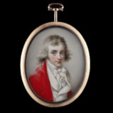 Portrait miniature of John Shaw (1776–1832), wearing a red coat, a white waistcoat, blue striped slip-waistcoat and a knotted cravat