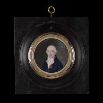 Portrait miniature of Félix-Louis de Cornette de la Minière, in his prison cell at Château du Luxembourg, wearing a blue coat with red waistcoat and white stock and the Cross of the Order of Saint Louis; 9 July 1794 (22 Messidor Year II)