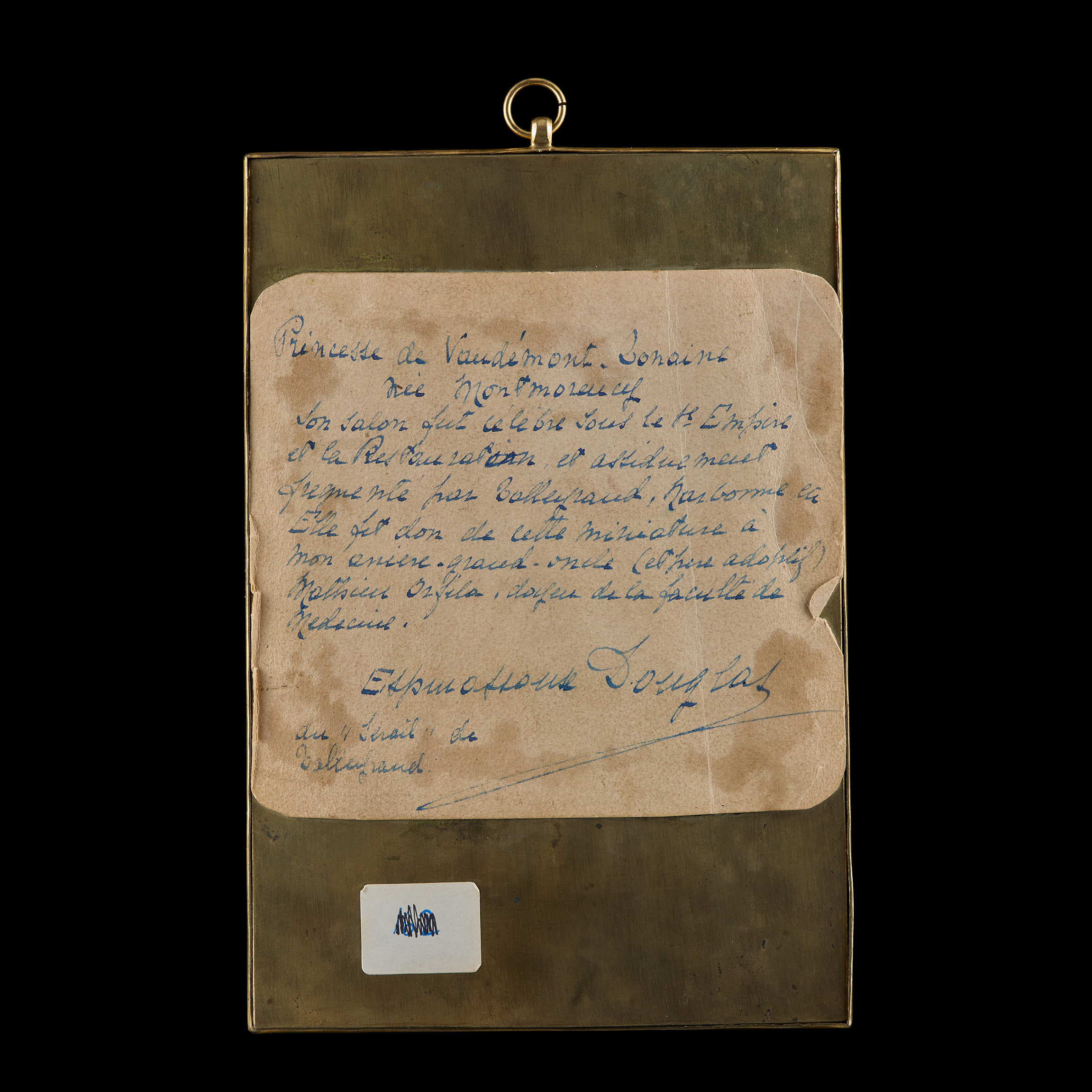 Portrait miniature of a Lady, traditionally called Louise Auguste Elisabeth Marie Colette, Princesse de Vaudémont-Lorraine (1763-1832/33), wearing pink satin dress with buckled bodice over white underdress and gauze fill-in, a black veil wrapped around her waist and over her head, she stands in an interior with pilasters, green upholstered chaise-longue and table bearing urn of flowers, a turquoise ribbon about its base