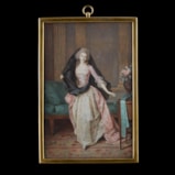 Portrait miniature of a Lady, traditionally called Louise Auguste Elisabeth Marie Colette, Princesse de Vaudémont-Lorraine (1763-1832/33), wearing pink satin dress with buckled bodice over white underdress and gauze fill-in, a black veil wrapped around her waist and over her head, she stands in an interior with pilasters, green upholstered chaise-longue and table bearing urn of flowers, a turquoise ribbon about its base