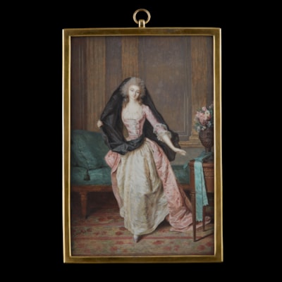 Portrait miniature of a Lady, traditionally called Louise Auguste Elisabeth Marie Colette, Princesse de Vaudémont-Lorraine (1763-1832/33), wearing pink satin dress with buckled bodice over white underdress and gauze fill-in, a black veil wrapped around her waist and over her head, she stands in an interior with pilasters, green upholstered chaise-longue and table bearing urn of flowers, a turquoise ribbon about its base