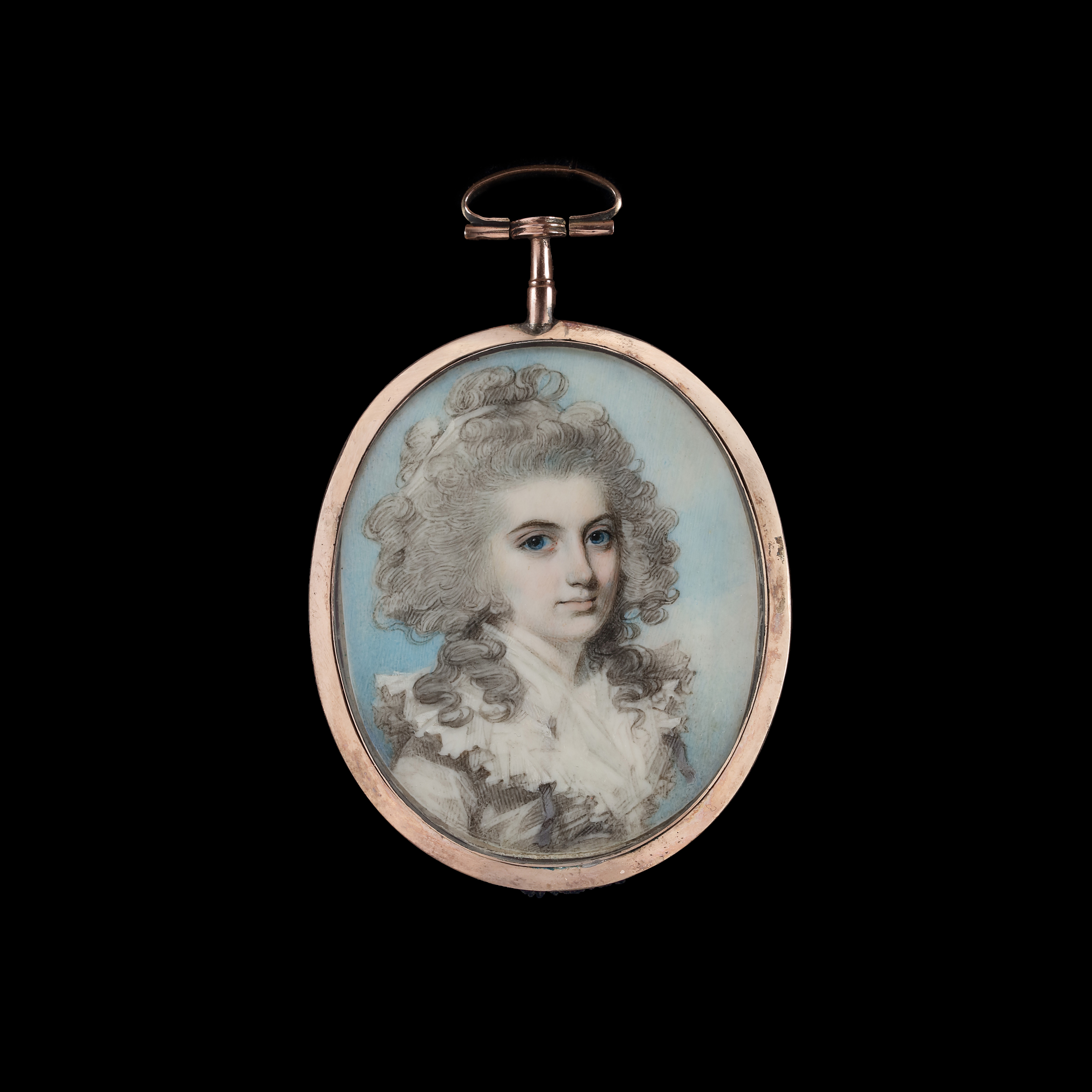 A Lady, with the initials ‘AB’, wearing white dress with frilled collar, her hair powdered