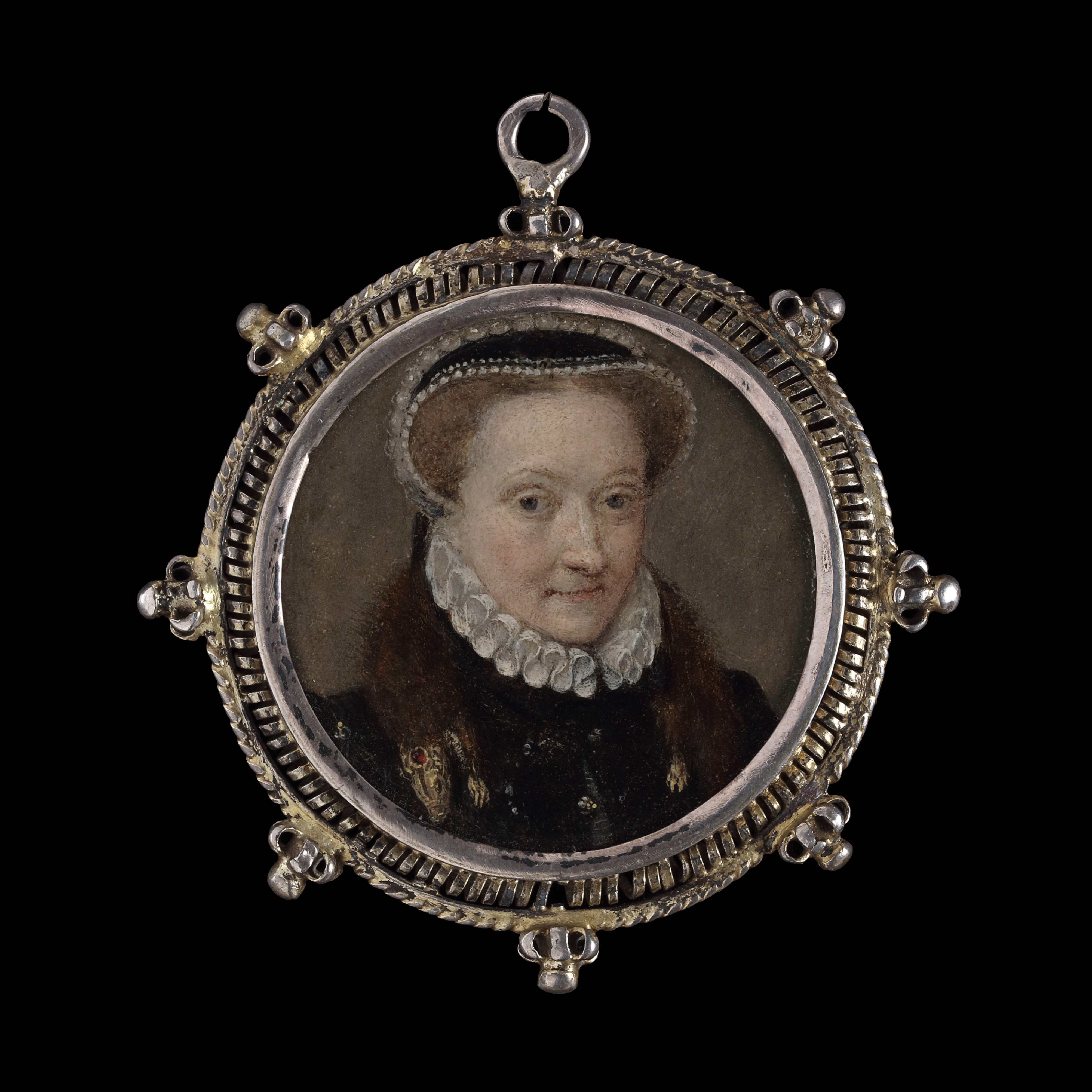 Portrait of a Lady, wearing a black gown with gold fasteners, a white ruff and cap, and a gold headed 'zibellino'