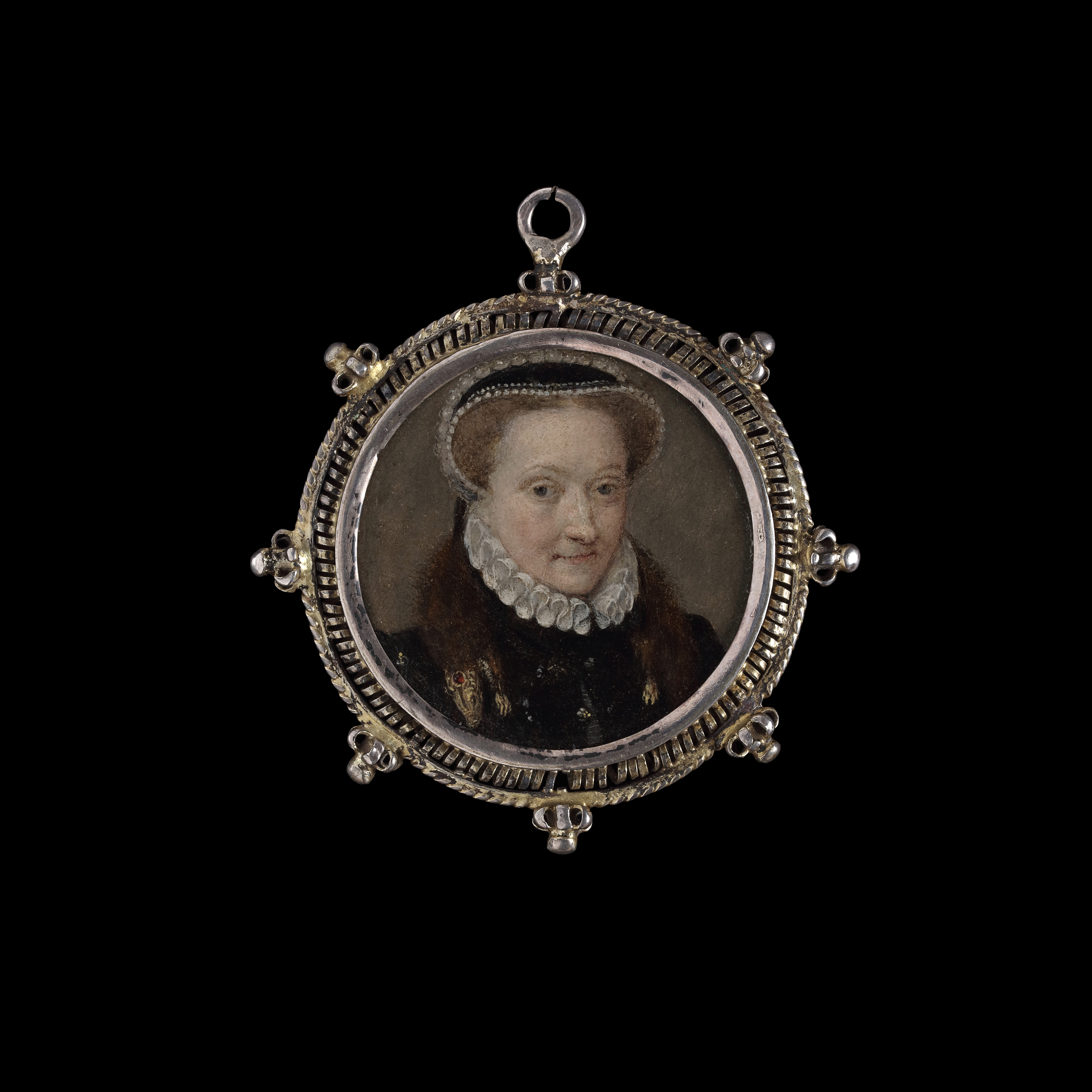 Portrait of a Lady, wearing a black gown with gold fasteners, a white ruff and cap, and a gold headed 'zibellino'