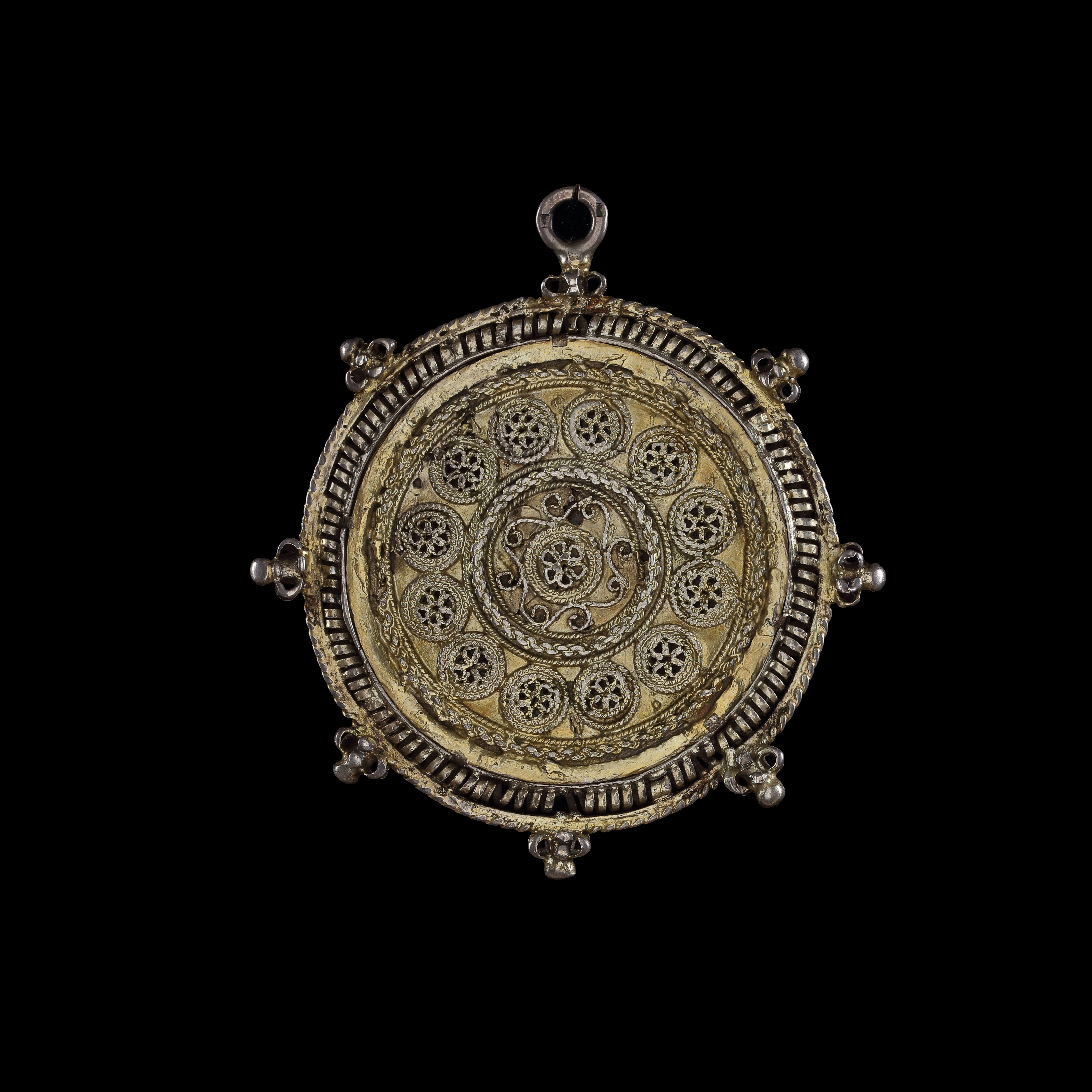 Portrait of a Lady, wearing a black gown with gold fasteners, a white ruff and cap, and a gold headed 'zibellino'