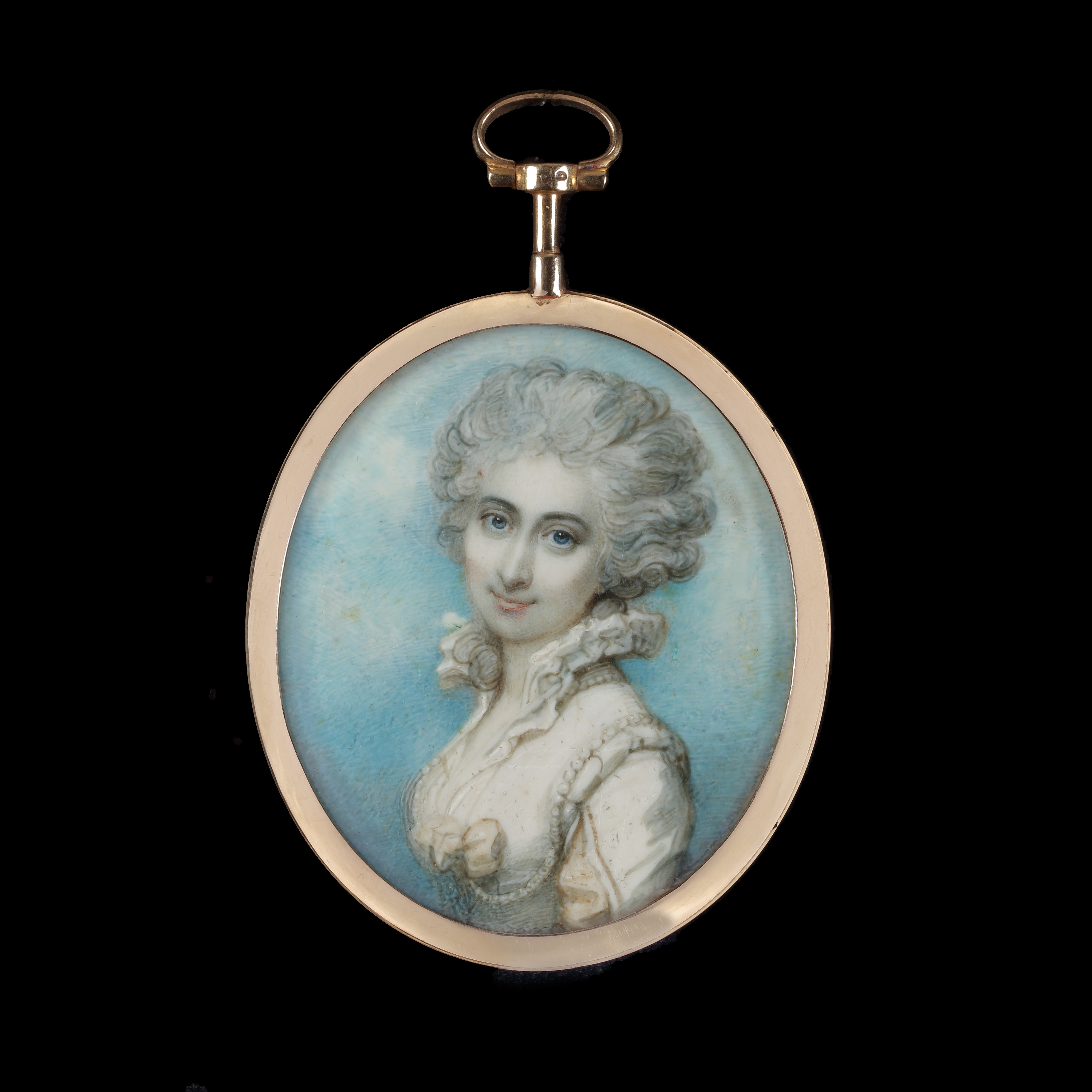 RICHARD COSWAY (1742-1821) Portrait of a Lady, possibly Maria Eleanor Villiers, nee Forbes, Countess of Clarendon (1759-1844), wearing dress with ‘Van Dyck’ collar, bows and pearls, her hair powdered, circa 1780