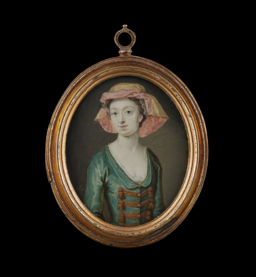 Portrait miniature of a Lady, in décolleté green dress, gold embroidered frogged bodice, wearing a red and yellow scarf over her upswept hair