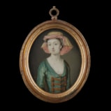 Portrait miniature of a Lady, in décolleté green dress, gold embroidered frogged bodice, wearing a red and yellow scarf over her upswept hair