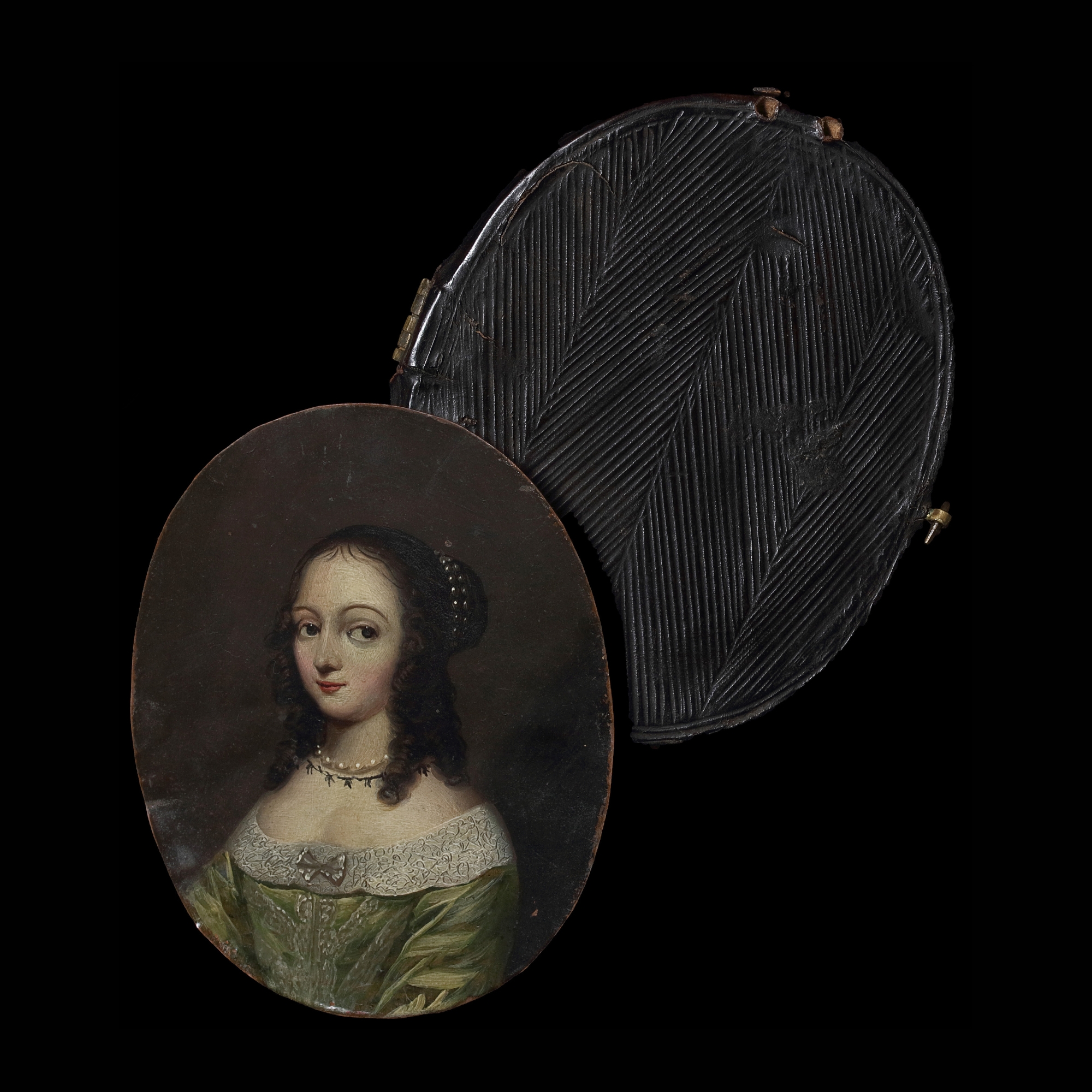 An oil portrait of a Lady, likely to be an English or Swedish Noblewoman, with eleven (11)  Costume ‘mica’  talcs*