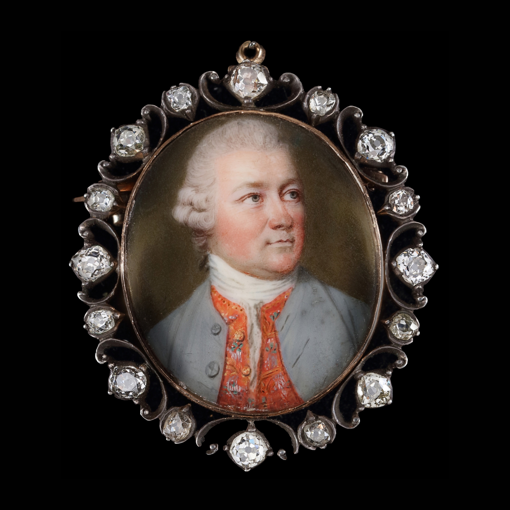 Portrait miniature of a Gentleman, wearing a pale grey coat, a scarlet waistcoat embroidered with flowers, and white stock, his powdered wig worn en queue