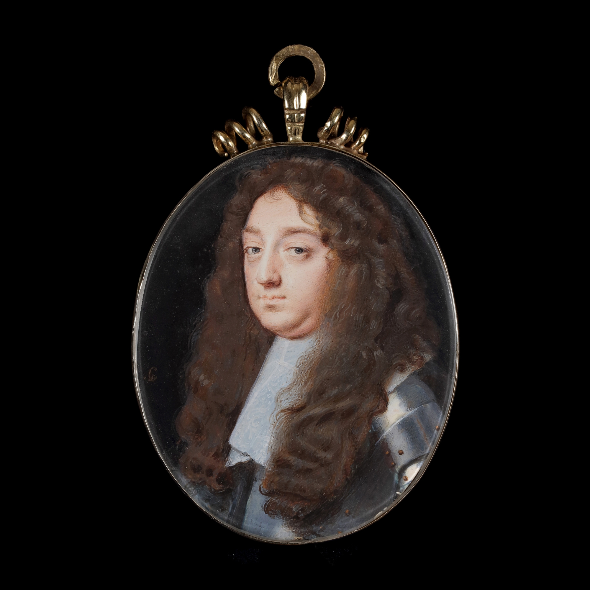 Portrait miniature of a Gentleman, probably Robert Greville, 4th Baron Brooke of Beauchamps Court (1638/9 – 1676/7), wearing armour, lawn collar, his hair worn long and curled