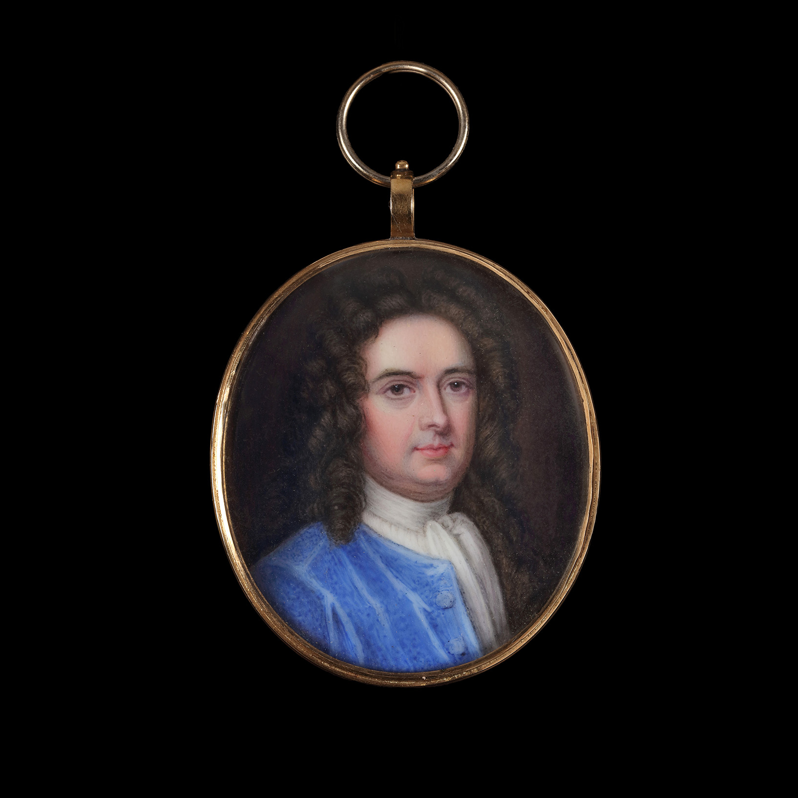Portrait enamel of a Gentleman in blue coat with white jabot