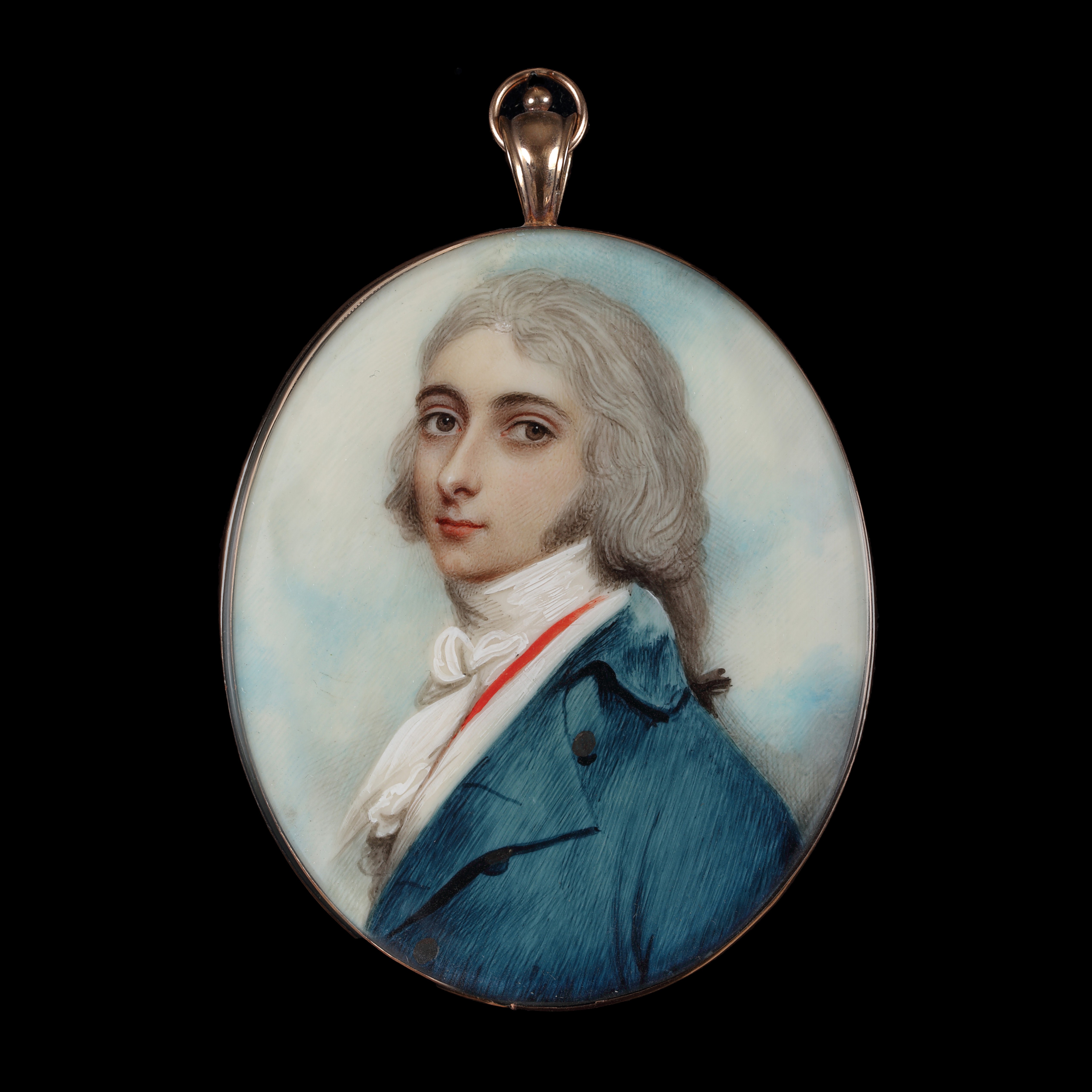 Portrait miniature of Sir Guy Johnston, his powdered hair en queue wearing blue coat, white waistcoat, red vest, and tied white cravat; gilt-metal frame in associated red leather travelling case