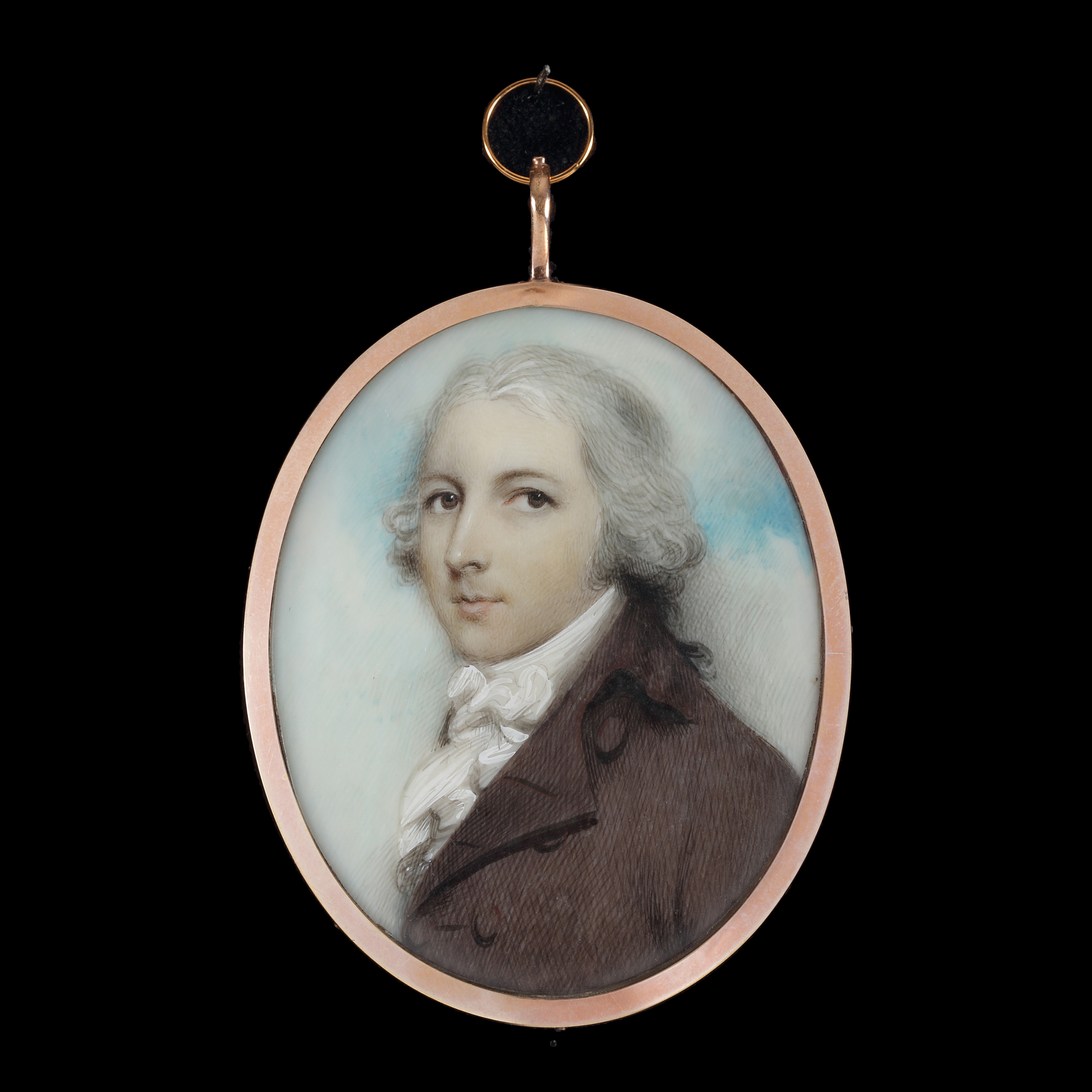 Portrait miniature of a Gentleman, said to be of the ‘Bruntop’ family, wearing brown jacket with white stock and cravat, his hair powdered white; circa 1795