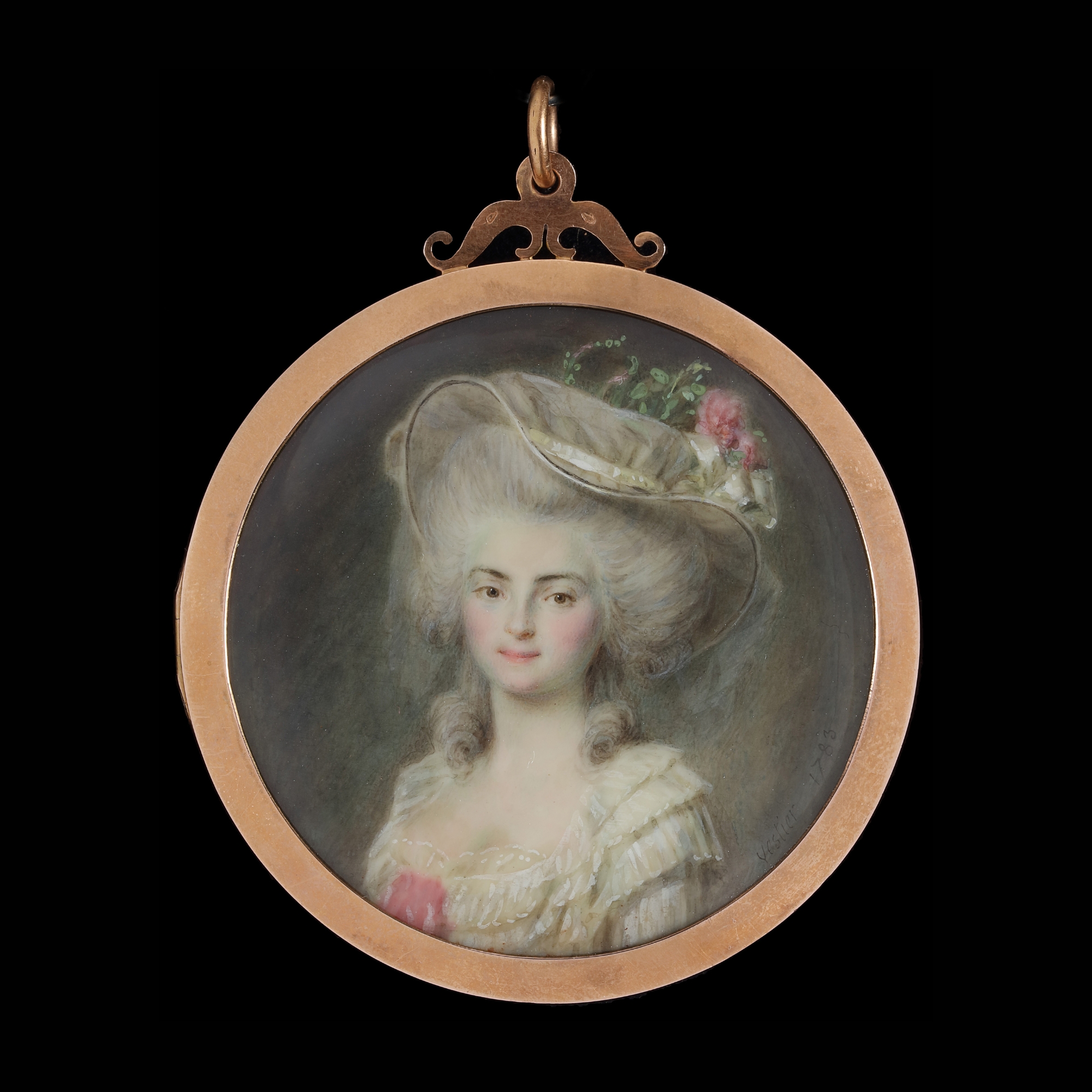 Portrait miniature of a Young Lady full face in white silk dress with riple frilled collar, pink bow at corsage, large hat adorned with pink roses, foliage and white ribbon in her powdered upswept hair; gold/gilt-metal frame, the reverse with foliate monogram 'LH' on pink ground