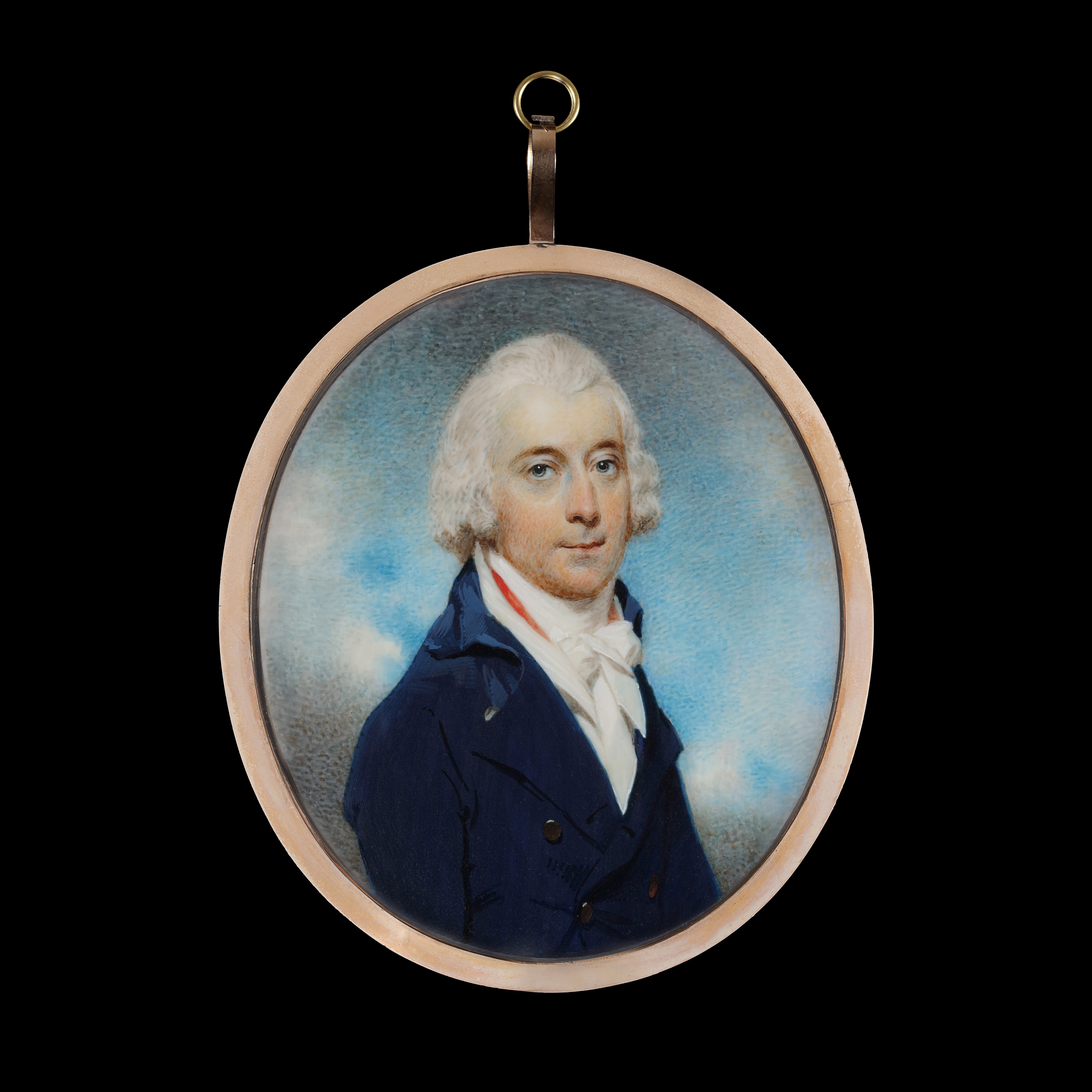 Portrait Miniature of an Earl, in blue coat with white waistcoat with red trim, white stock and cravat, his hair powdered; circa 1795