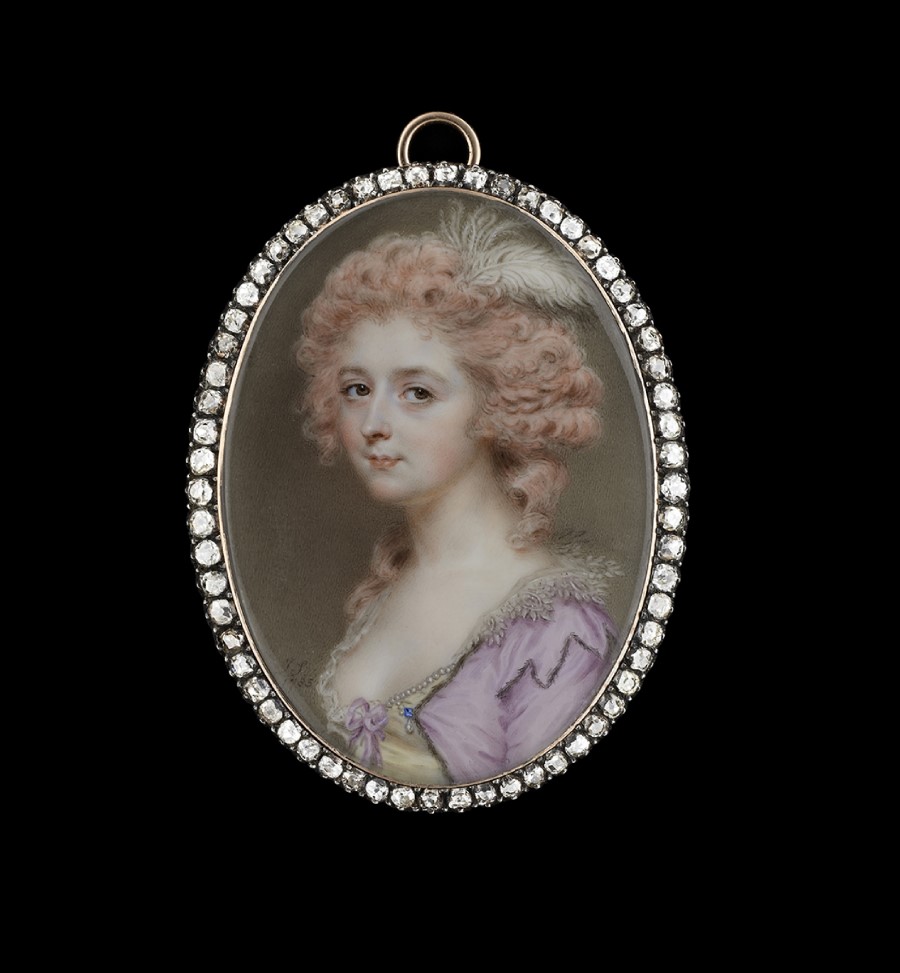 JOHN SMART (1741-1811) Portrait miniature of a Lady, wearing fur-bordered mauve dress with embroidered pointed lace collar, a pear-bordered yellow bodice with mauve bow, her pink-powdered hair worn curled and decorated with an ostrich feather