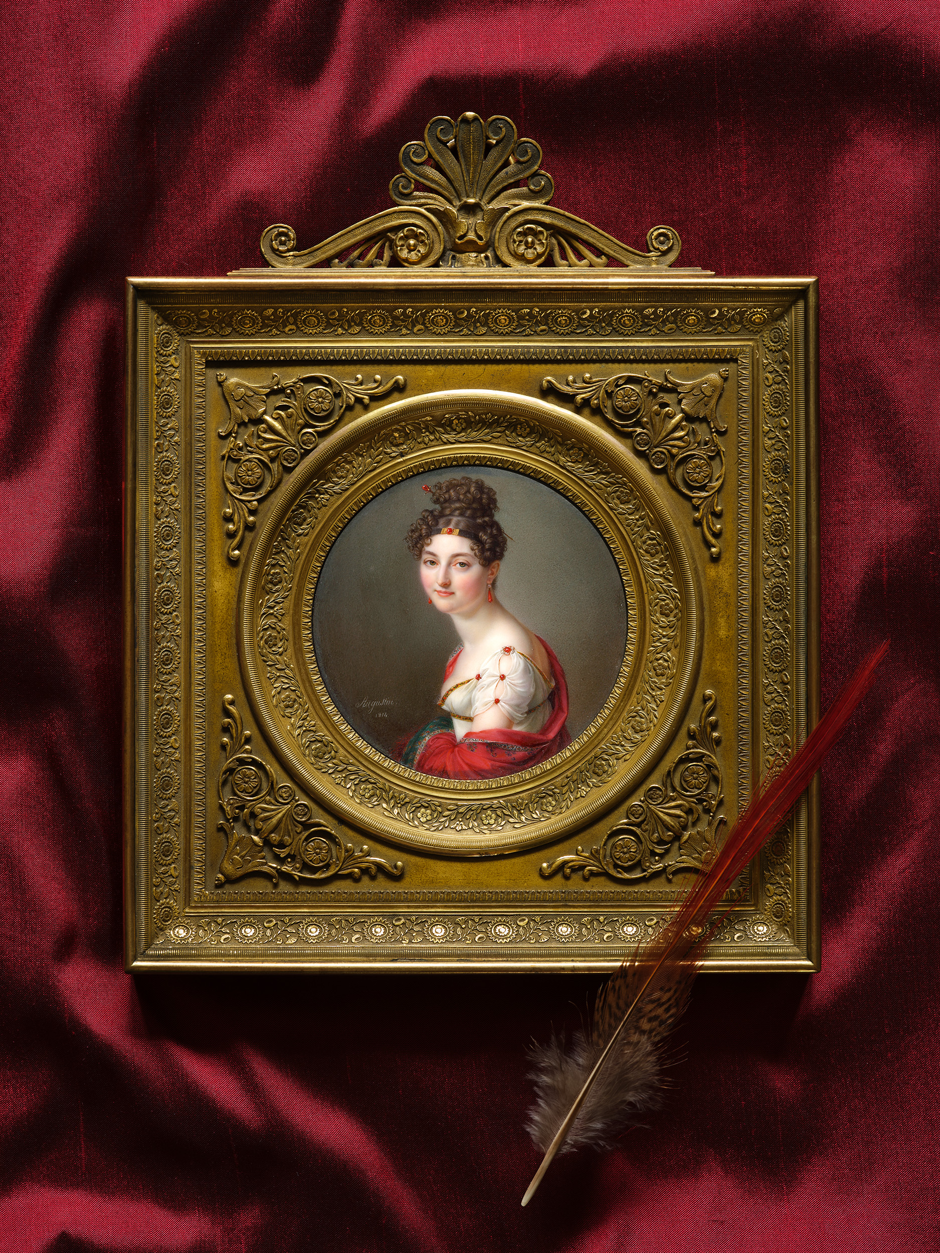 Portrait miniature of Thérèse Jeanne Marie Hortense de Tardieu, Marquise de Maleyssie, née de Luc (d. 1826), in white dress and red shawl