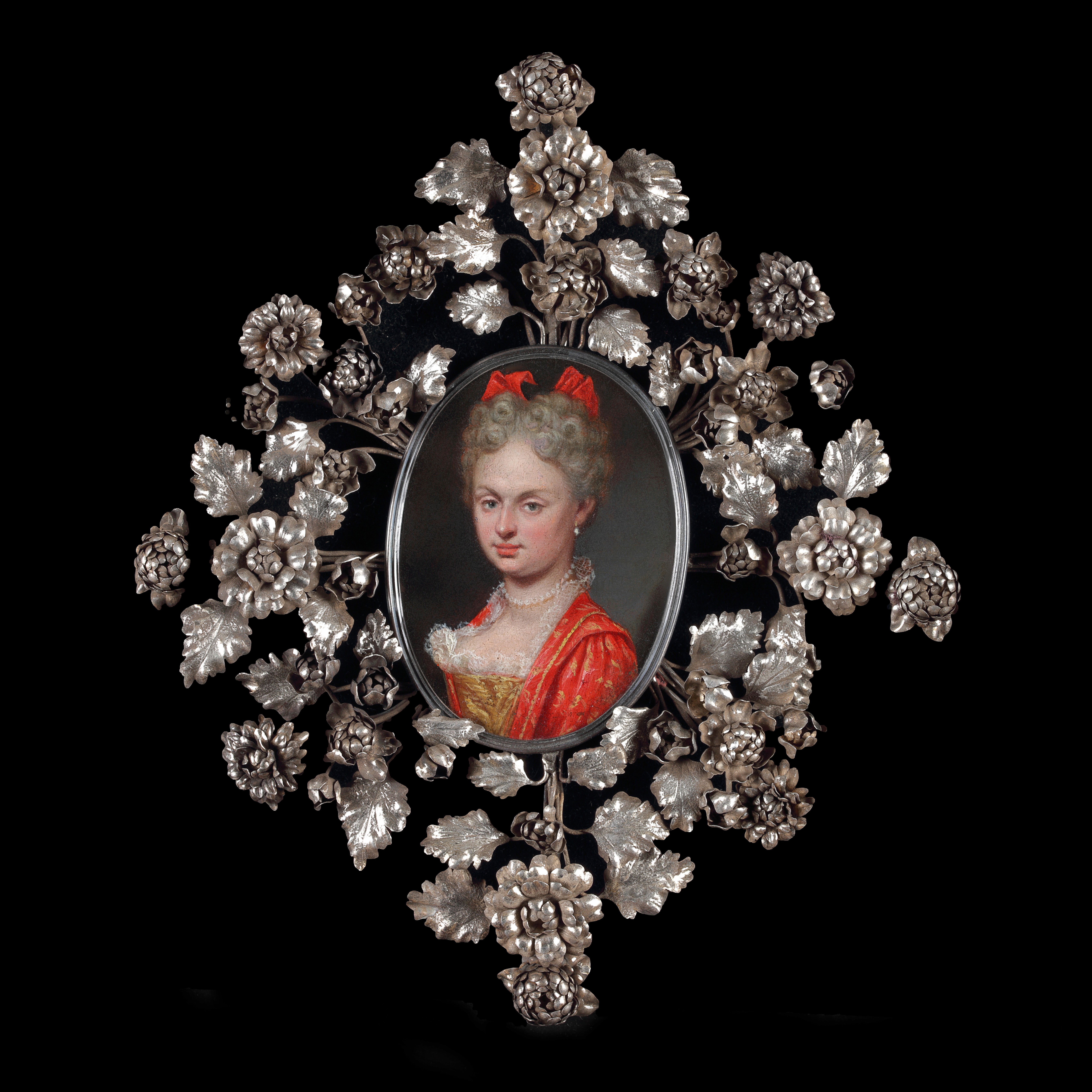 Portrait of a Noblewoman, probably Maria Luisa Gabriella of Savoy (1688-1714), wearing a red dress with gold, lace-trimmed bodice, a pearl necklace and red headband