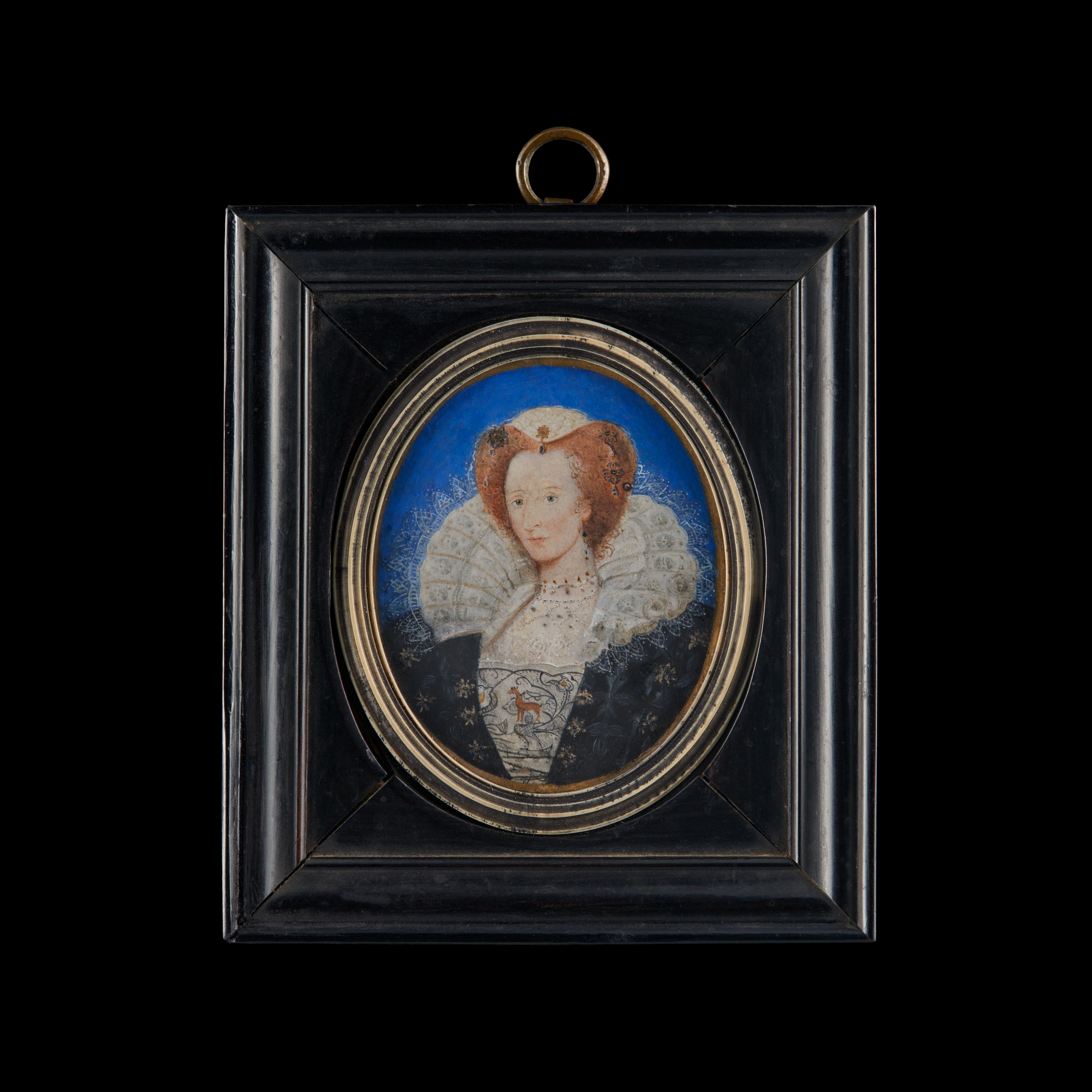 Portrait miniature of a Lady, possibly Elizabeth, Lady Coke (née Cecil; other married name Hatton; 1578-1646), wearing a stomacher embroidered with a Golden Hind or Roe deer and blackwork, her black gown with gold and sapphire jewels, a further three similar jewels in her auburn hair, lace cap and ruff