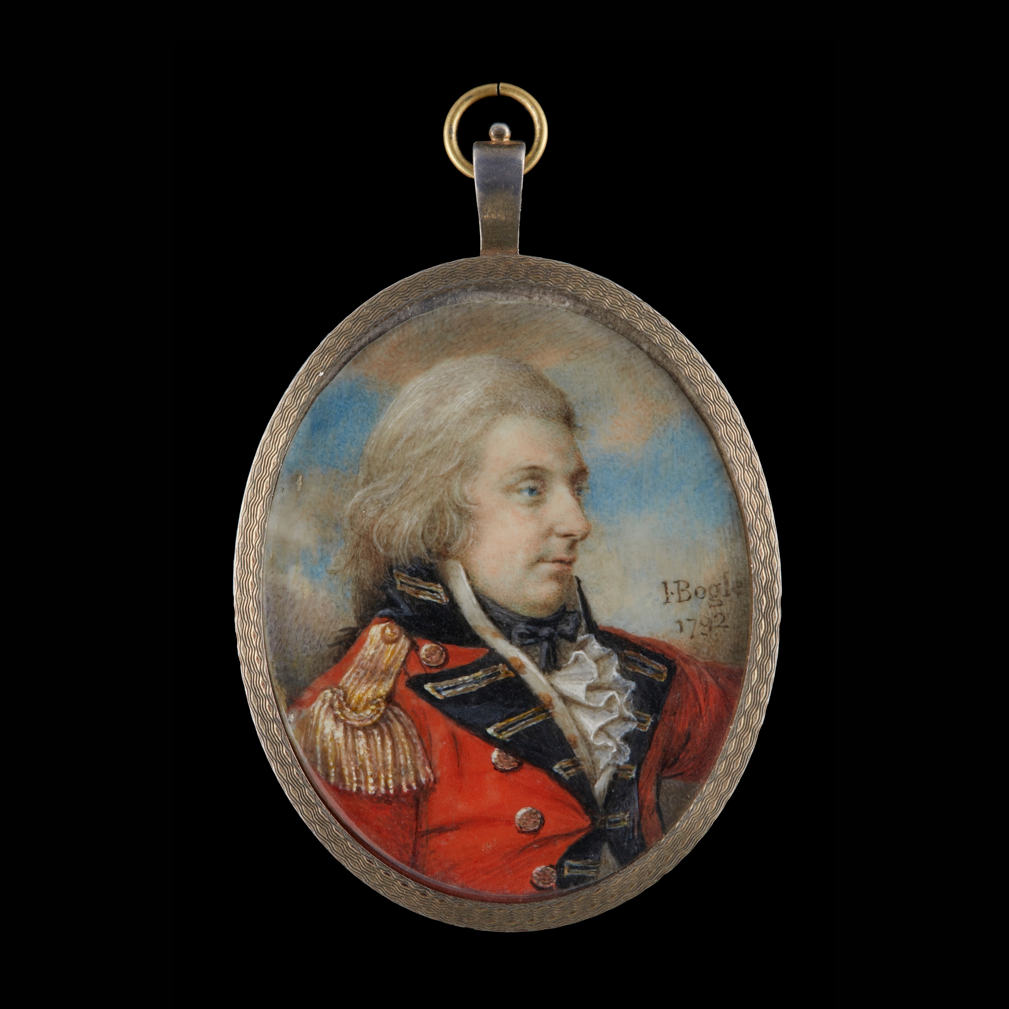Portrait miniature of an Officer, probably from the 70th Regiment (Glasgow Lowland) or 58th Regiment Rutland or 64th Regiment Second Staffordshire, wearing scarlet coat with black facings and gold epaulette