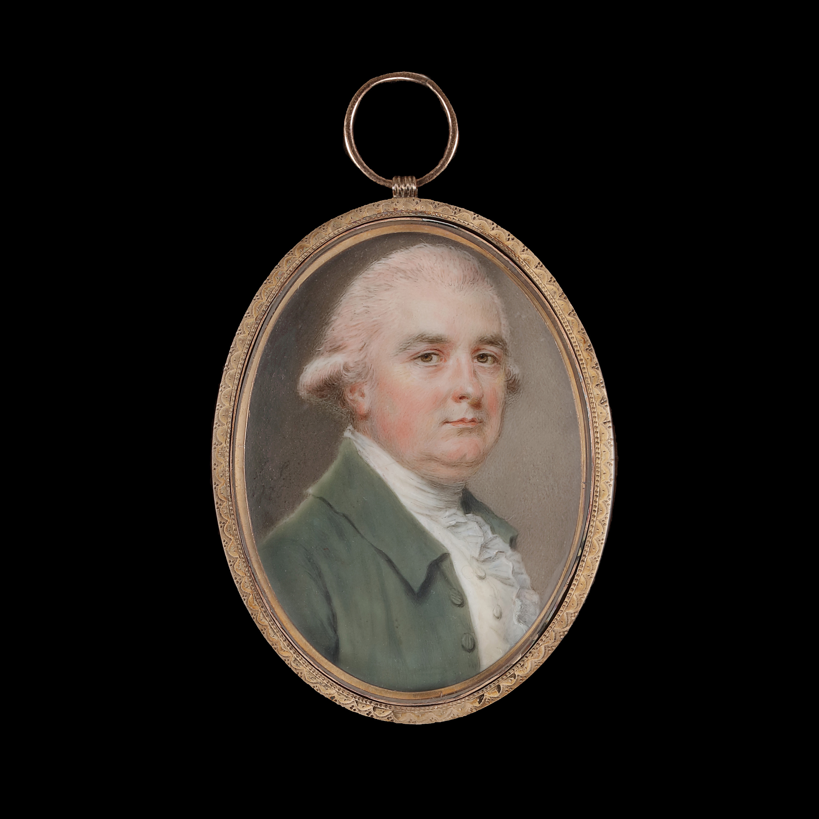 Portrait miniature of a Gentleman with pink powdered hair wearing a green coat, cream waistcoat and white ruff