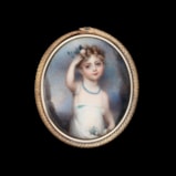 Portrait miniature of a Child, wearing white gown, holding flowers to their curled hair and in their skirt, landscape background