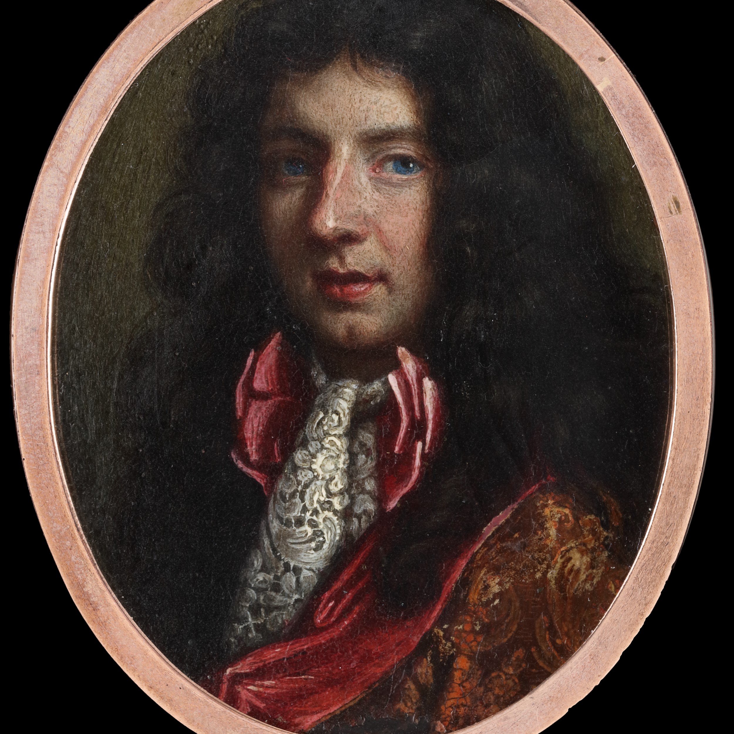Portrait of a Nobleman, wearing a scarlet-lined damask gold embroidered robe and white lace jabot, over a red silk bow, his hair worn long
