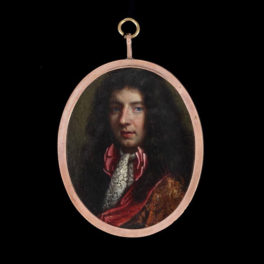 Portrait of a Nobleman, wearing a scarlet-lined damask gold embroidered robe and white lace jabot, over a red silk bow, his hair worn long