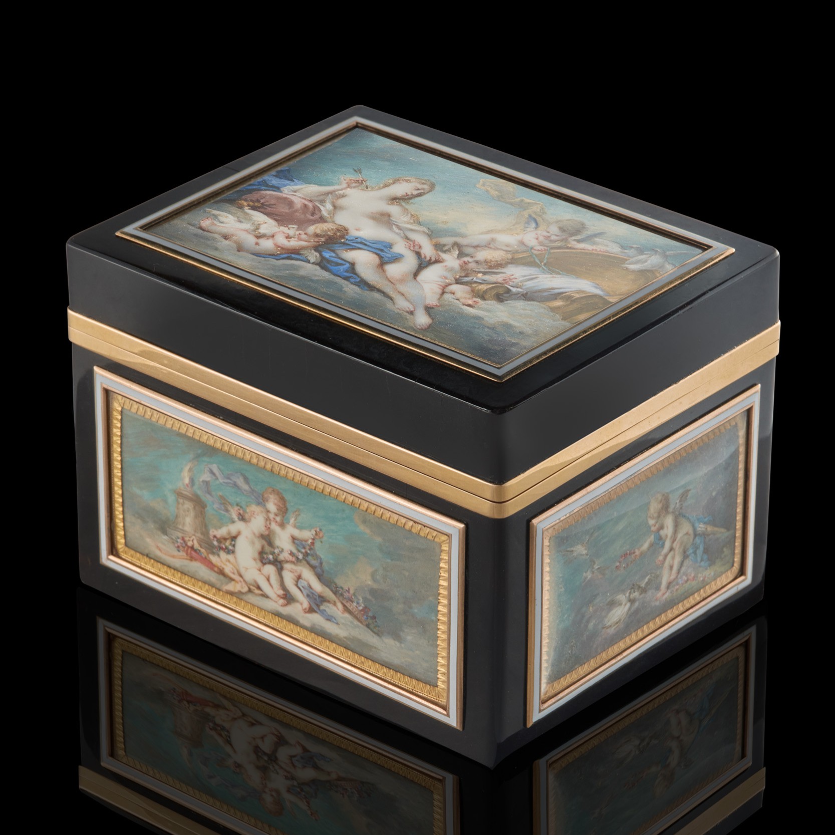 A boîte-à-miniatures with six miniatures - on the cover, four sides and base – depicting scenes of Venus, Cupid and putti; miniatures circa 1760, the later box 1838
