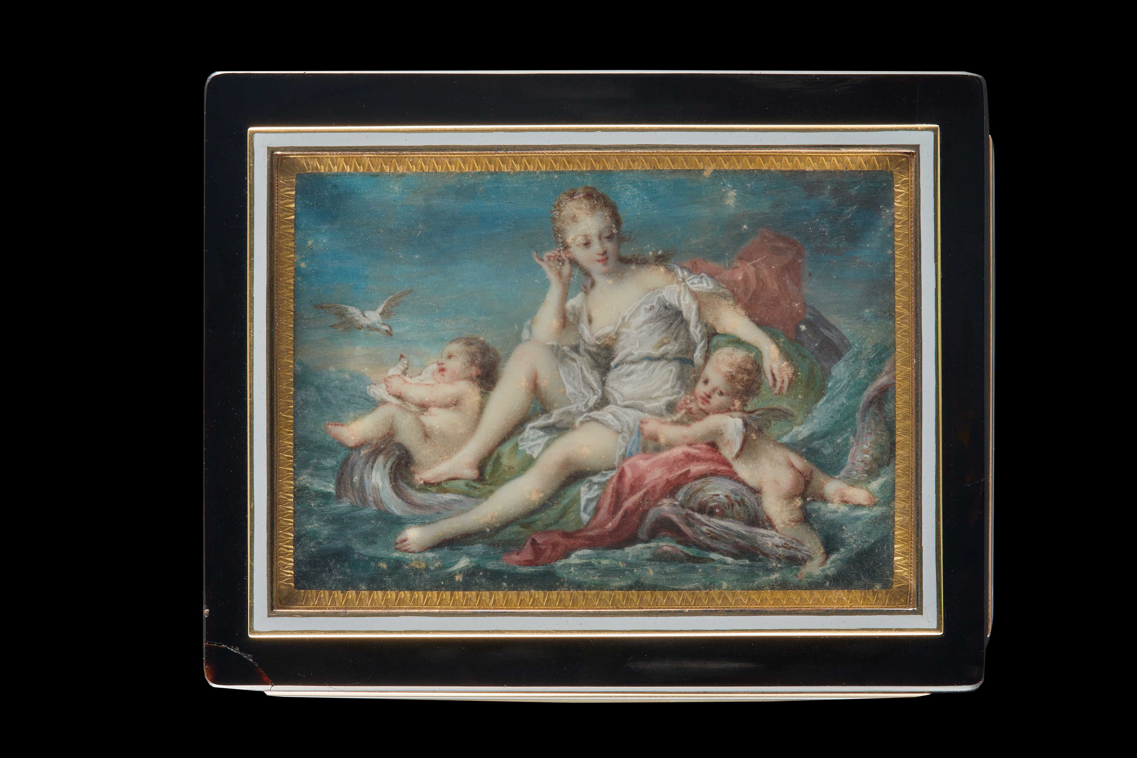 A boîte-à-miniatures with six miniatures - on the cover, four sides and base – depicting scenes of Venus, Cupid and putti; miniatures circa 1760, the later box 1838