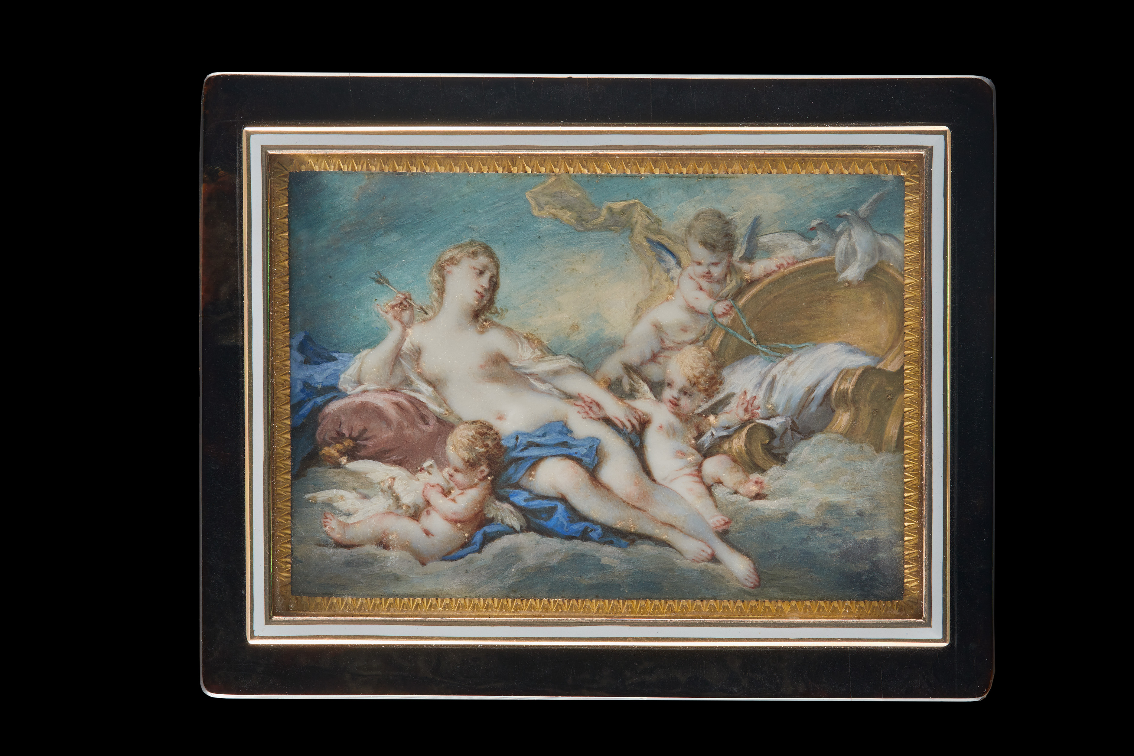 A boîte-à-miniatures with six miniatures - on the cover, four sides and base – depicting scenes of Venus, Cupid and putti; miniatures circa 1760, the later box 1838