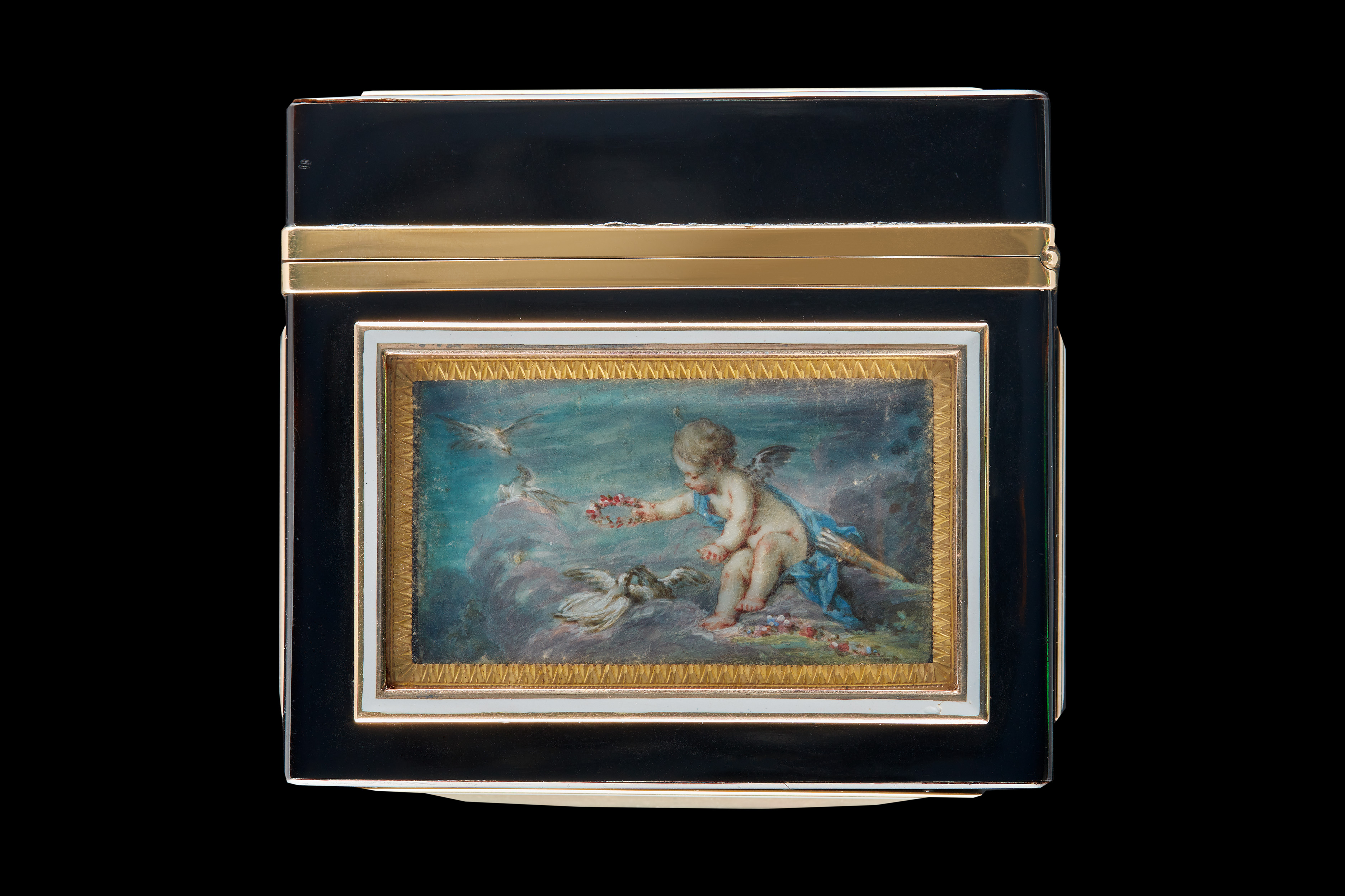A boîte-à-miniatures with six miniatures - on the cover, four sides and base – depicting scenes of Venus, Cupid and putti; miniatures circa 1760, the later box 1838