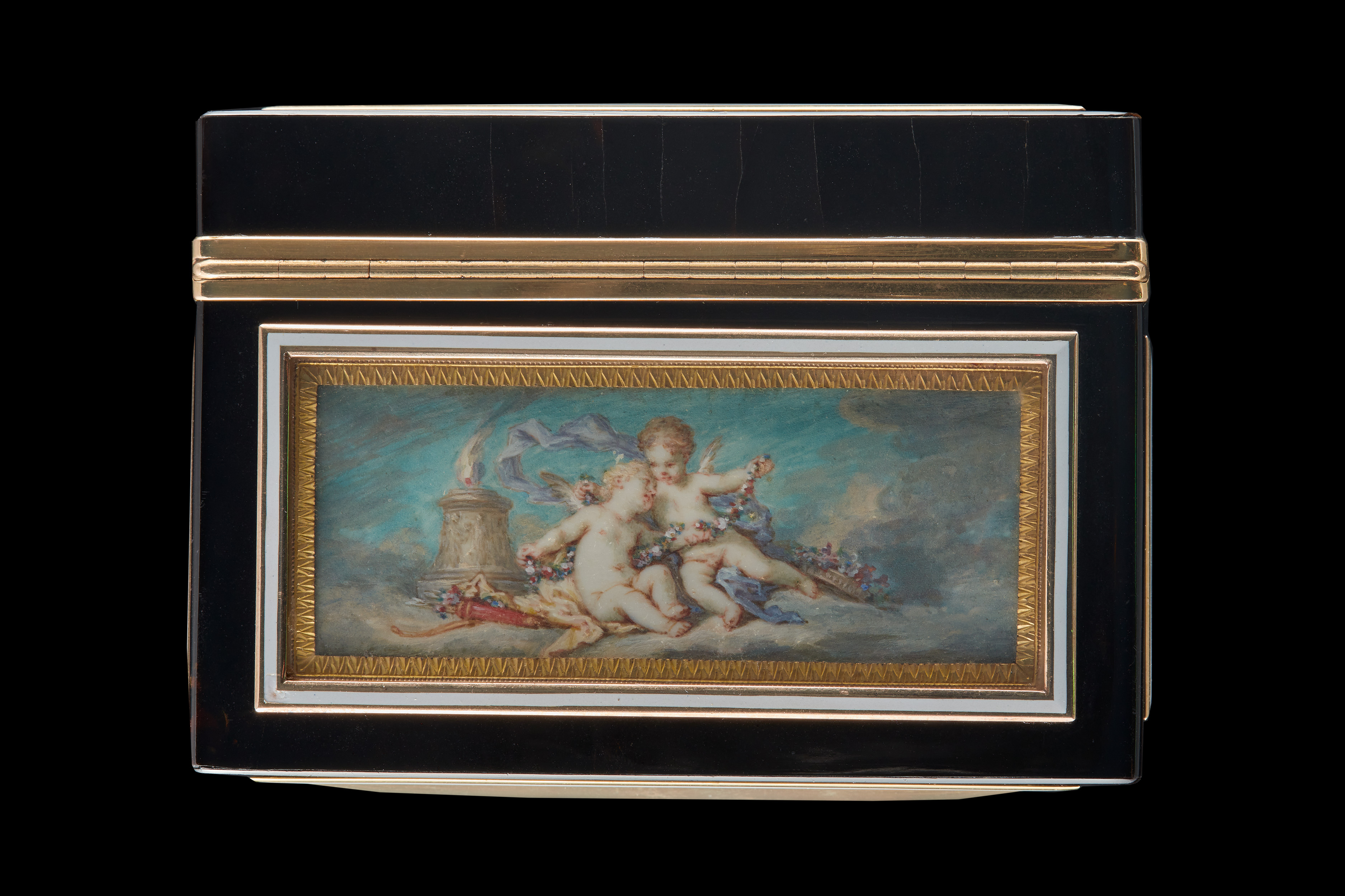 A boîte-à-miniatures with six miniatures - on the cover, four sides and base – depicting scenes of Venus, Cupid and putti; miniatures circa 1760, the later box 1838