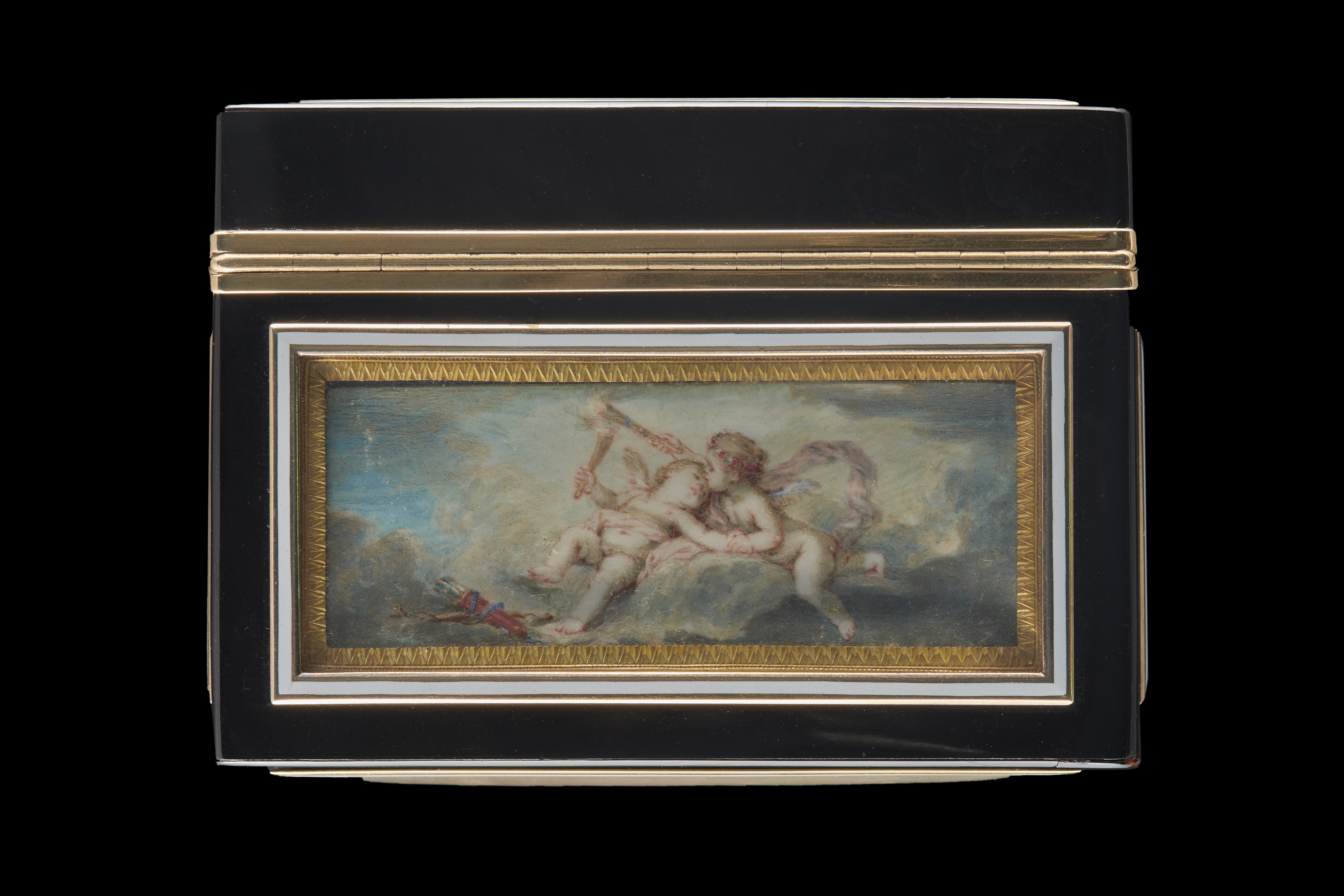 A boîte-à-miniatures with six miniatures - on the cover, four sides and base – depicting scenes of Venus, Cupid and putti; miniatures circa 1760, the later box 1838