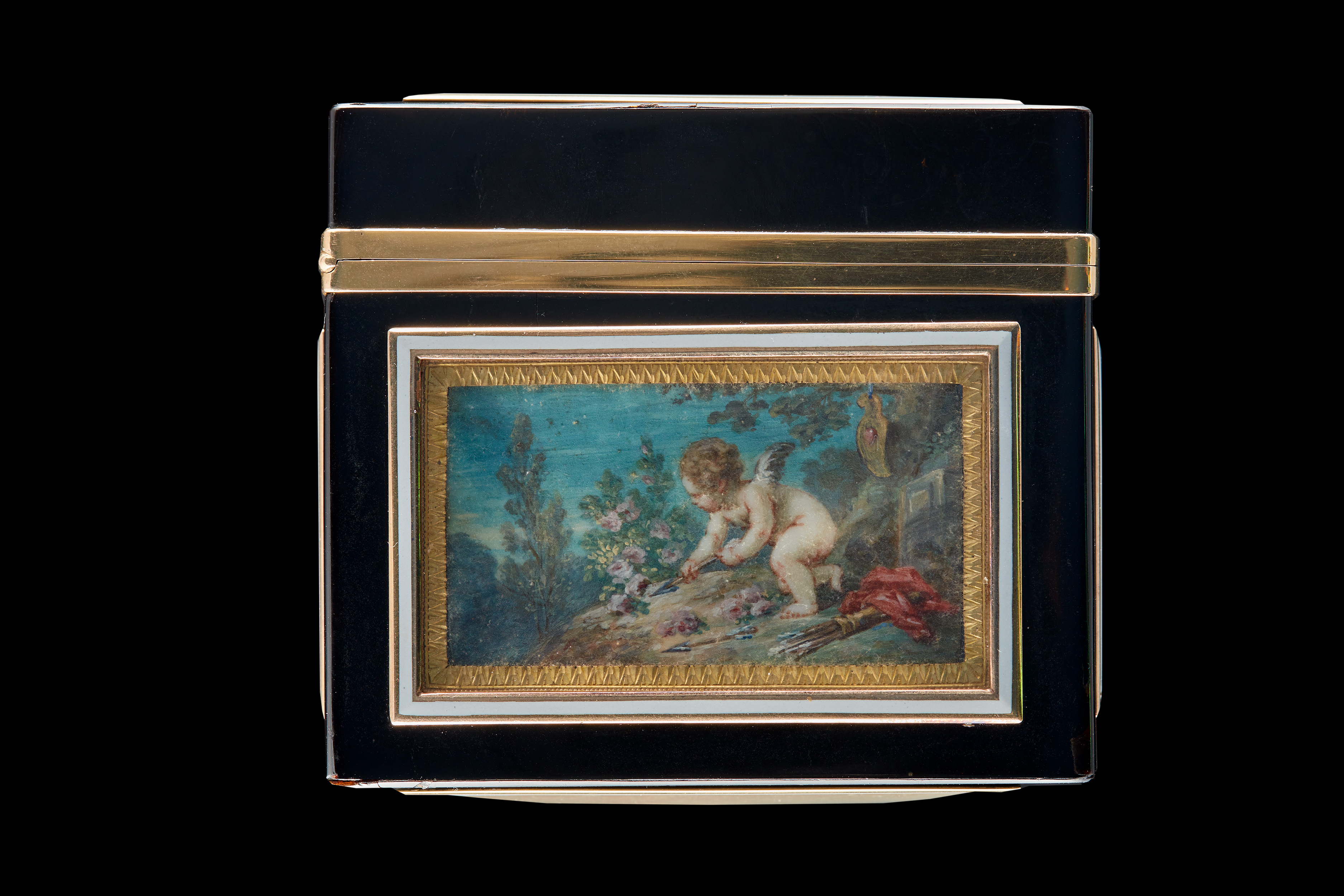 A boîte-à-miniatures with six miniatures - on the cover, four sides and base – depicting scenes of Venus, Cupid and putti; miniatures circa 1760, the later box 1838