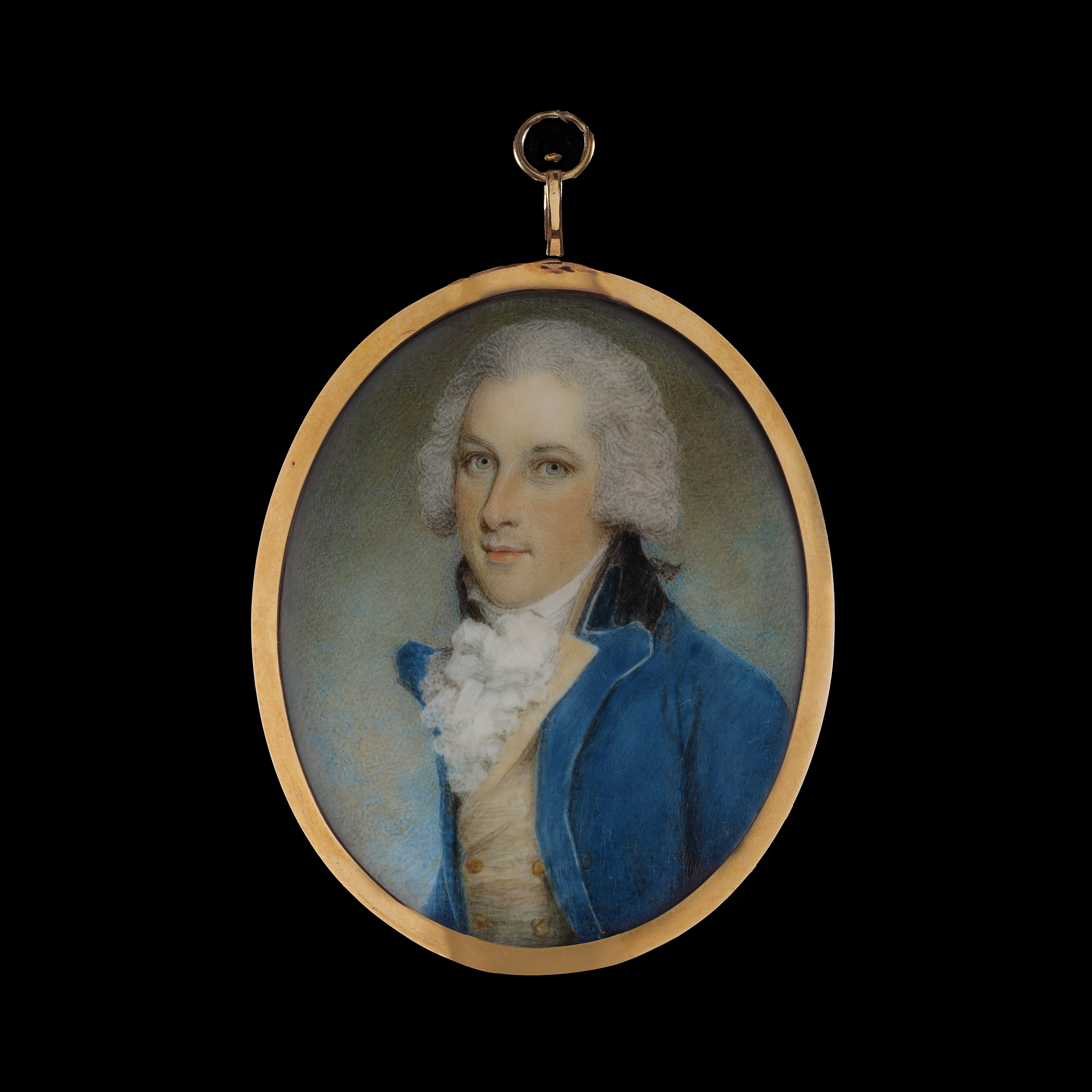 Portrait miniature of a Gentleman, wearing blue coat with black collar and pale lemon-coloured waistcoat, frilled shirt and powdered hair worn en queue