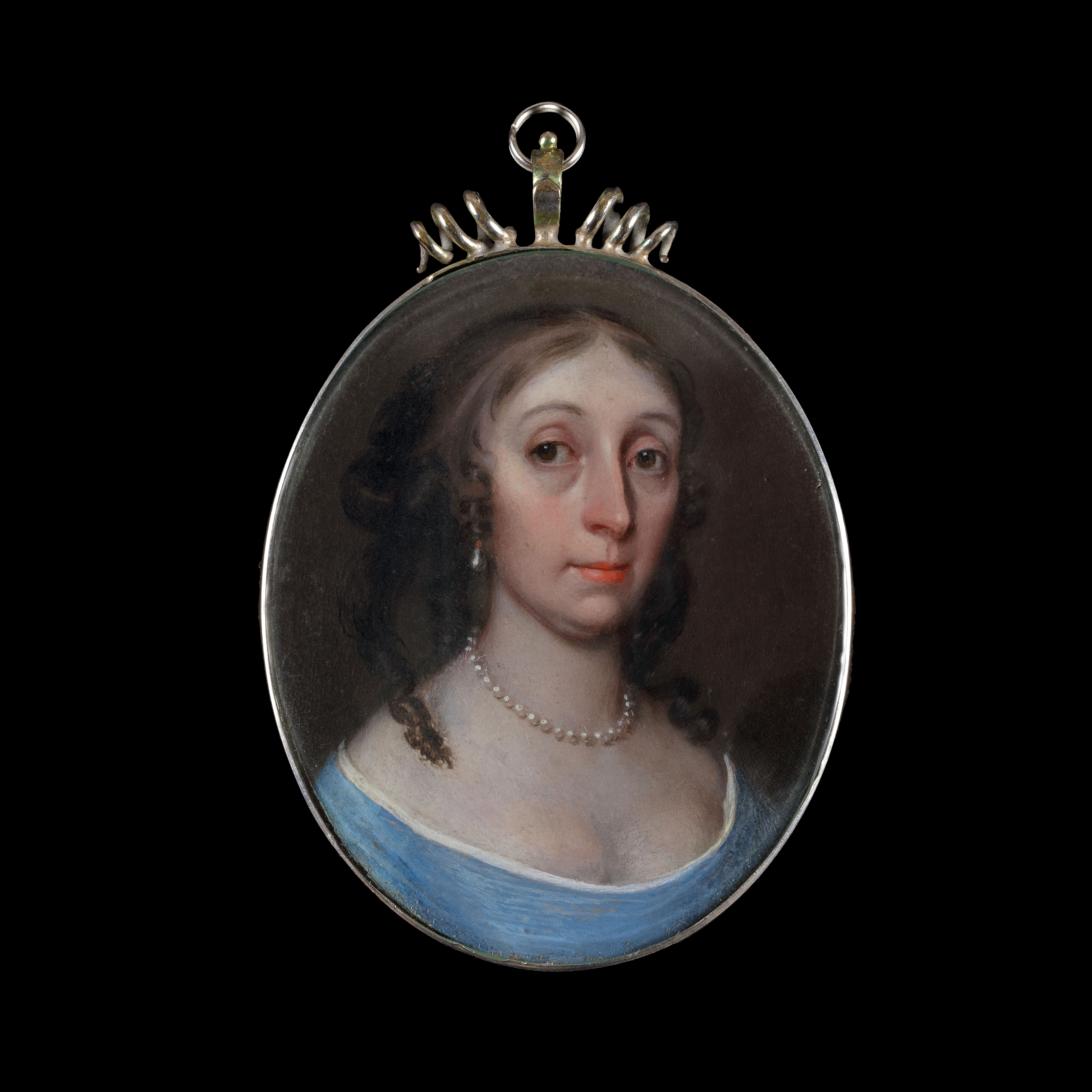 A pair of portraits of  Lady and Gentleman, possibly mother and son, she in a low cut blue dress with pearls, he with a white lace collar and black coat,