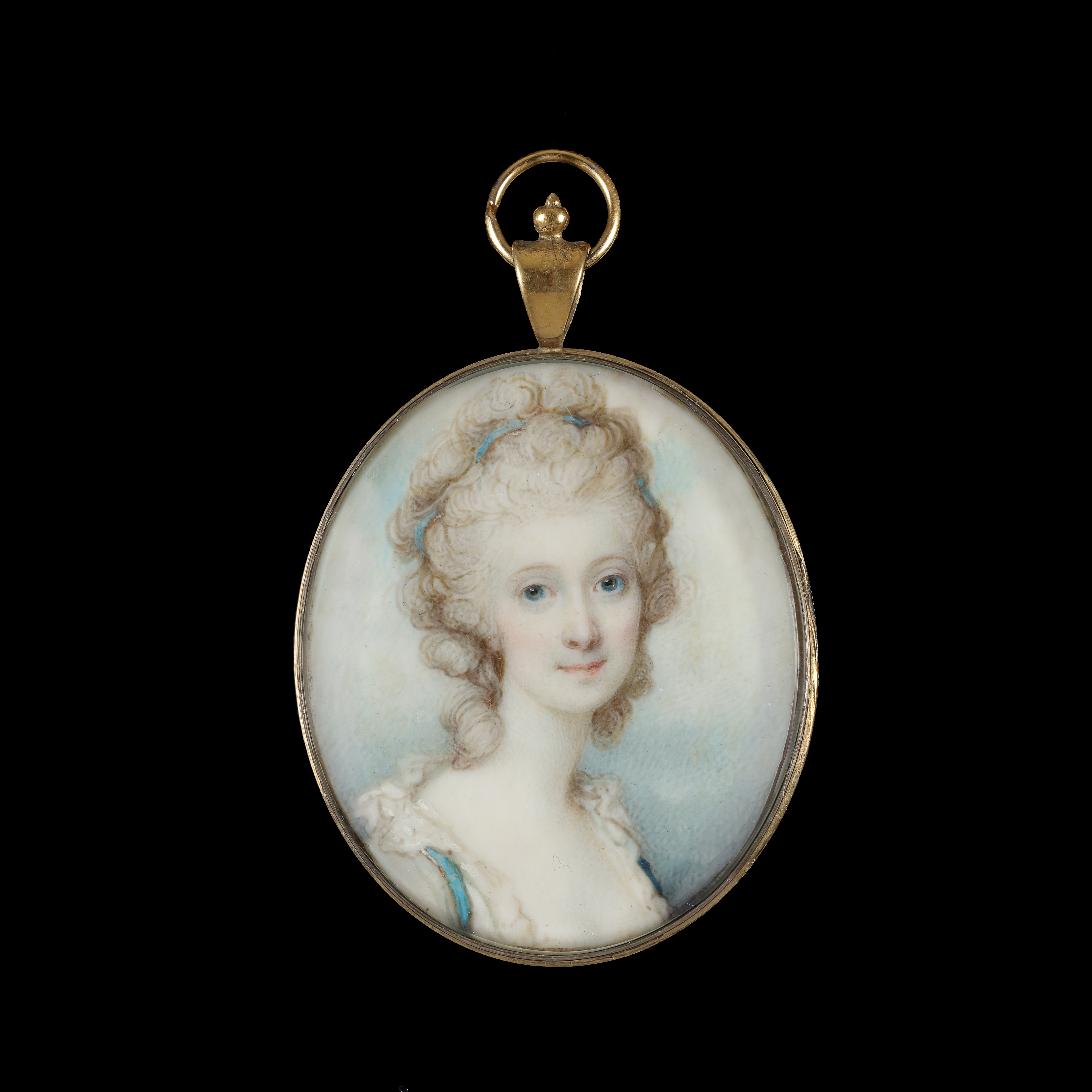 Portrait miniature of Anne Sawbridge (née Stephenson), wearing white dress, the sleeves with blue ribbon trim, matching blue ribbon in her curled and powdered hair