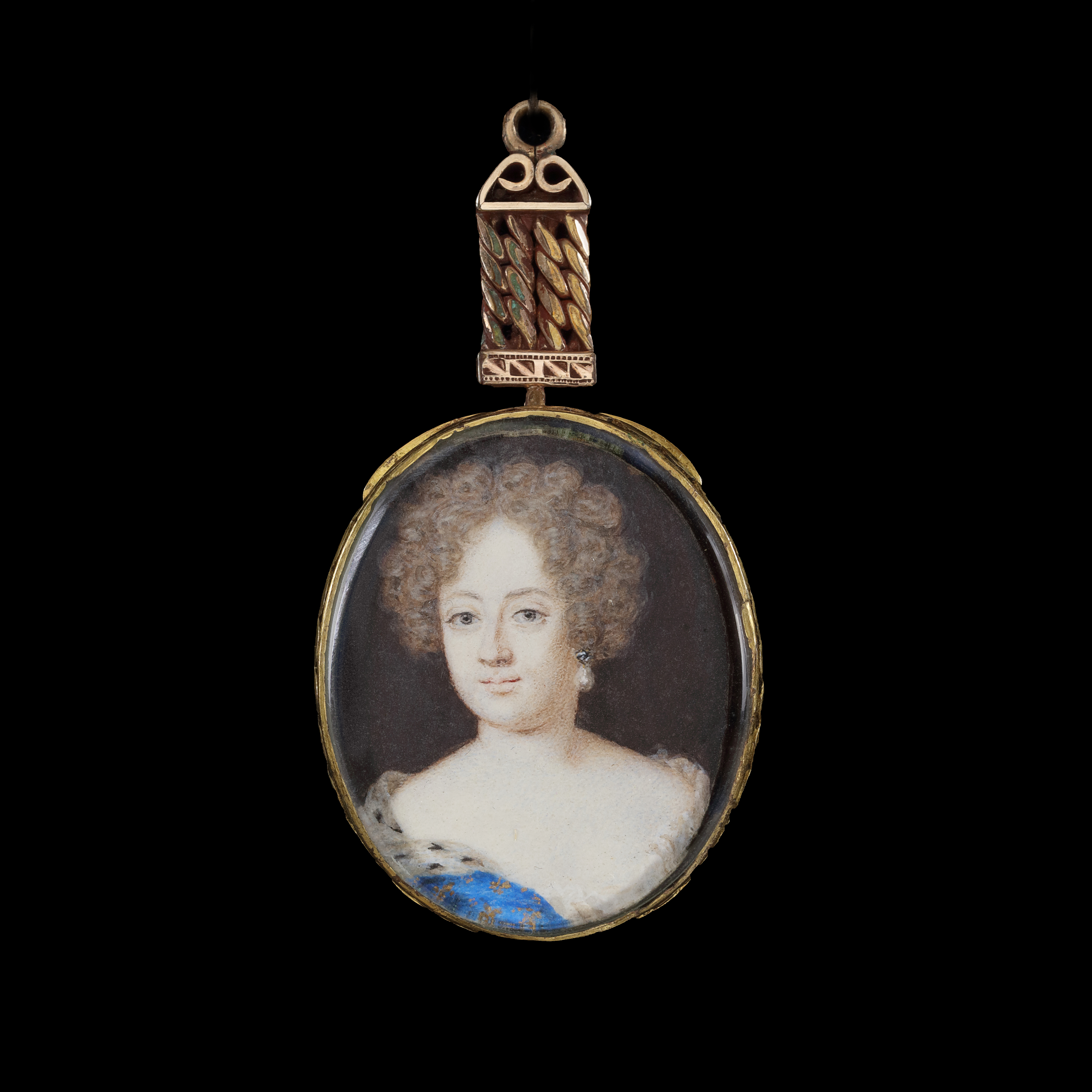 Portrait miniature of Anne (née Palmer/FitzRoy,) Lennard, Countess of Sussex (1661-1721/1722), wearing a white silk dress, ermine trimmed and gold embroidered blue robe, and pearl drop earrings
