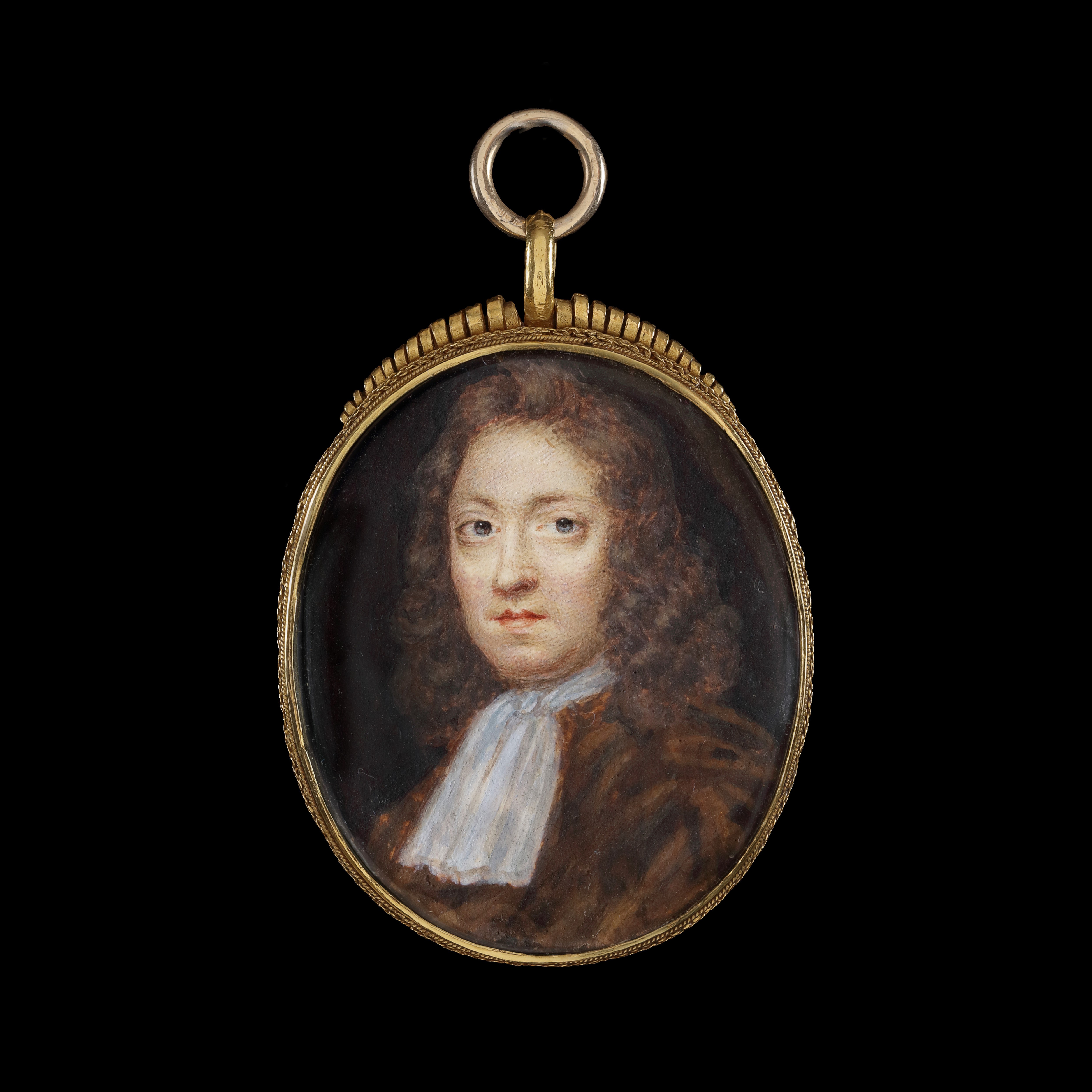 Portrait miniature of Charles Taylor (b.1656), aged 32, wearing brown cloak and white jabot, his natural hair worn long