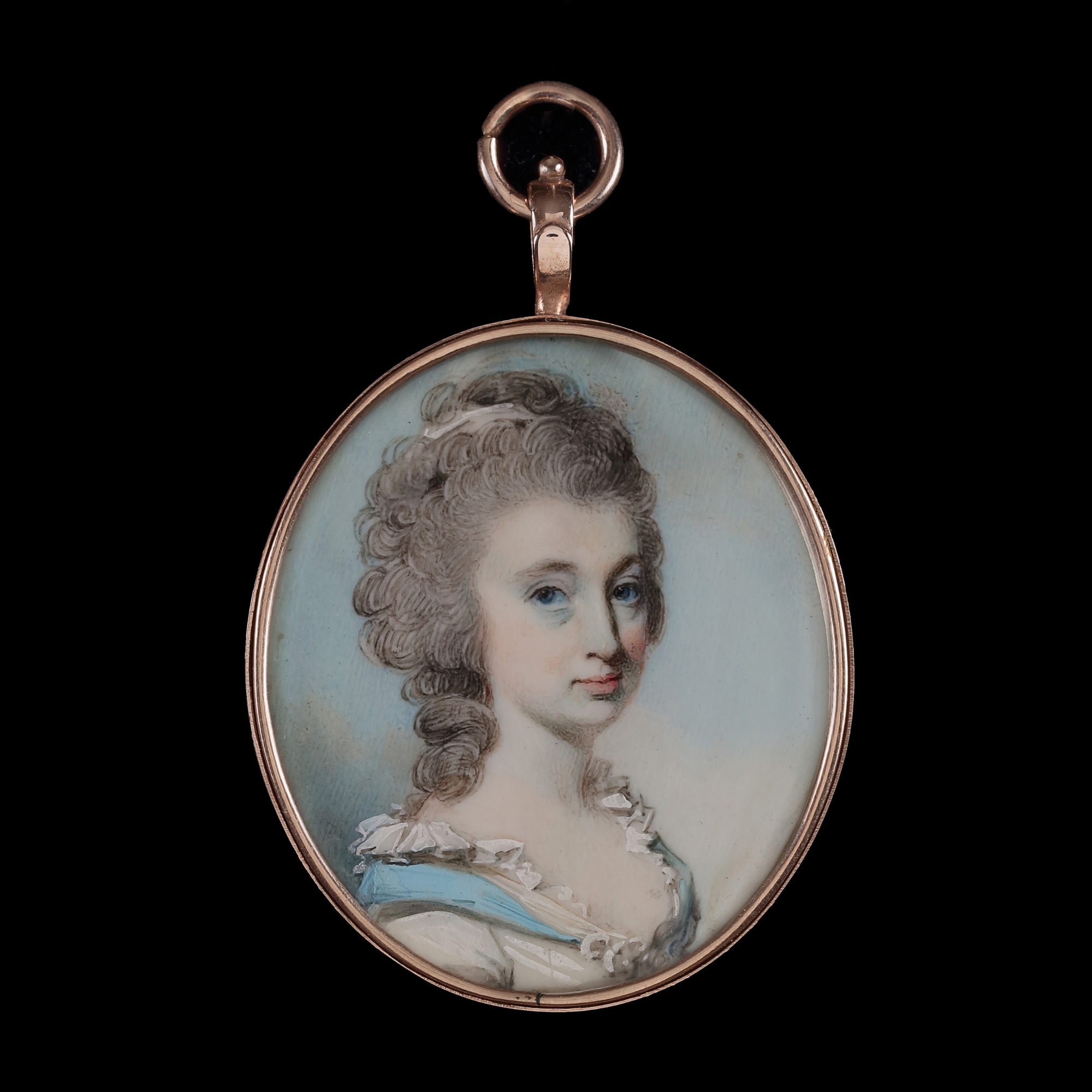 Portrait miniature of a Young Lady, wearing a white dress with blue ribbon and frilled neckline, a white kerchief in her powdered hair