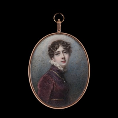 Portrait miniature of Lady Charlotte Townshend, née Loftus (1792-1866), wearing a plum coloured velvet gown with high ruff collar; 1812.