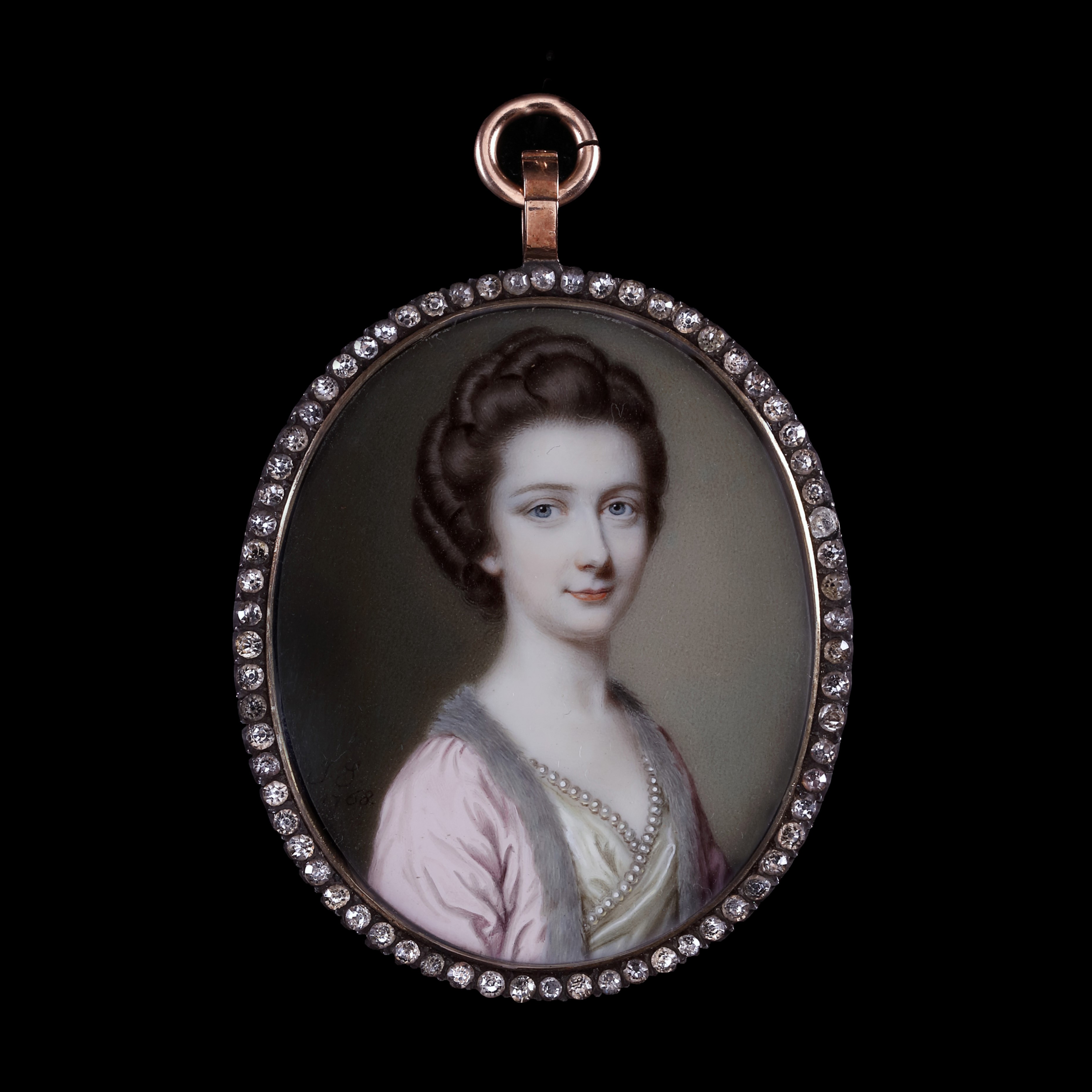 Portrait miniature of Elizabeth Anne (nee Cooke) Way (1746-1825), in a pearl-bordered cream silk dress with a fur-bordered pink surcoat; 1768