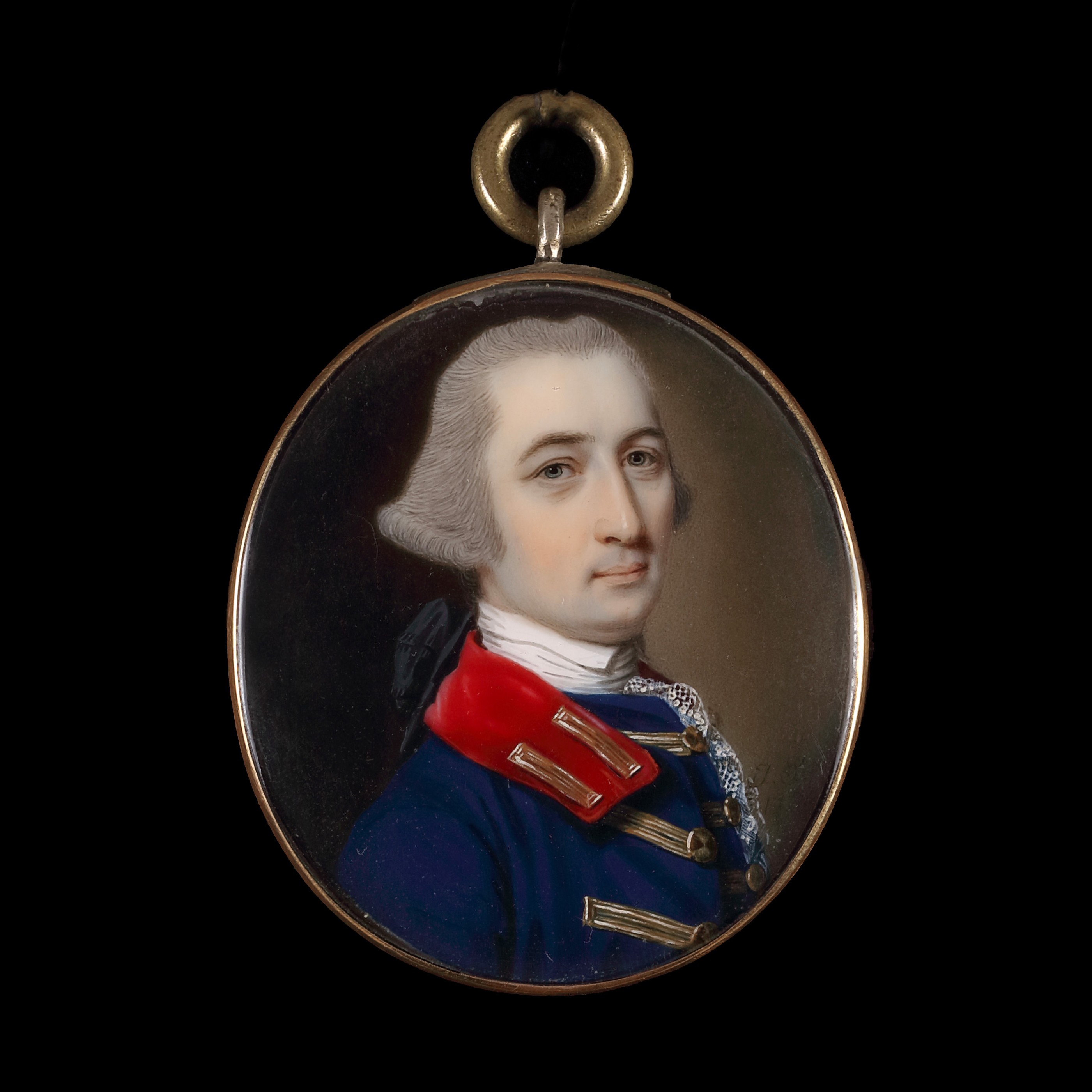Portrait miniature of a Gentleman, 'possibly' George Phillips Towry (1729-1817), wearing a blue coat with scarlet collar and gold lacing, a white shirt, the collar turned over a white stock, and a lace jabot, his hair worn 'en queue'