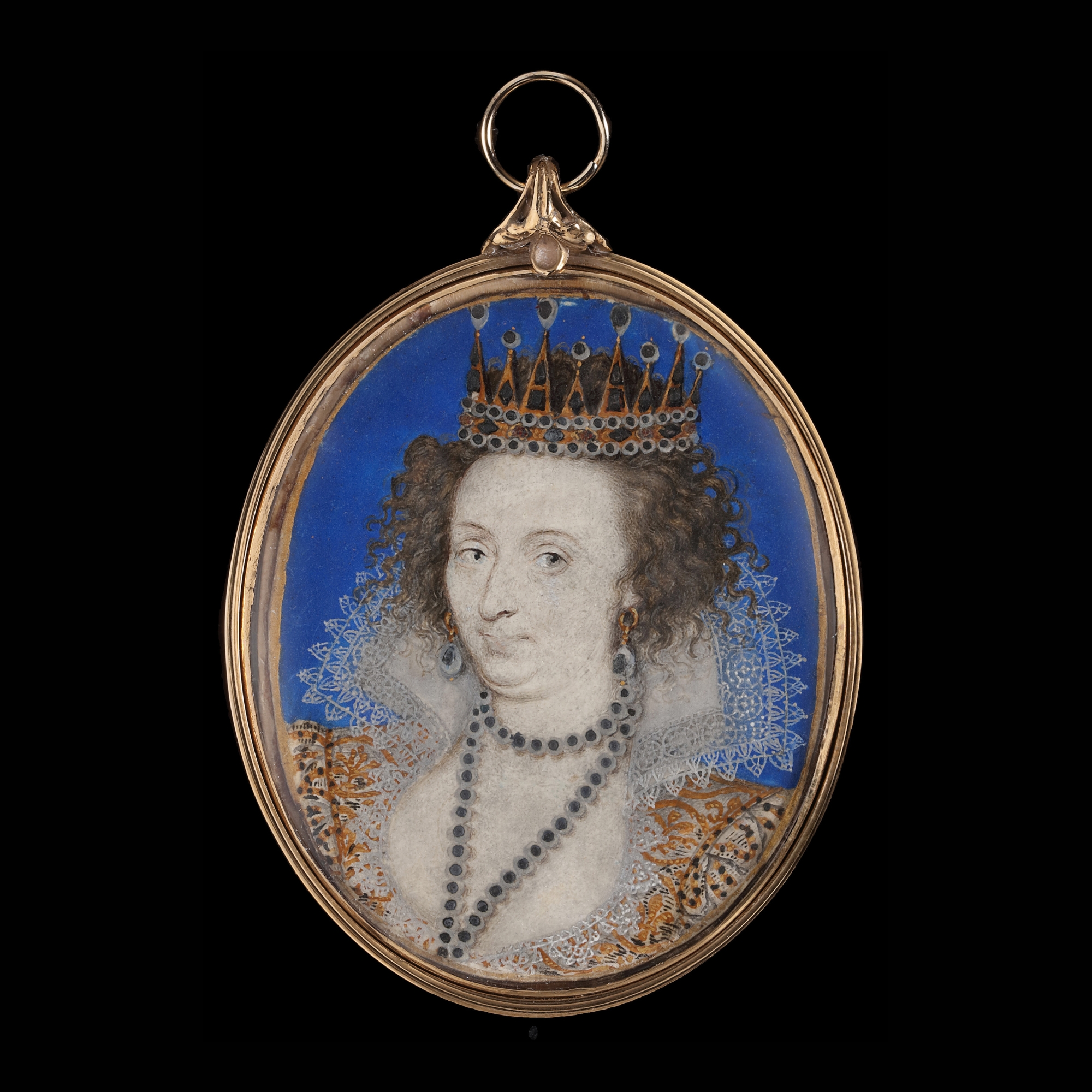 Portrait miniature of a Lady, possibly Elizabeth Grey (née Talbot), Countess of Kent (1582-1651), wearing a masque costume of a black and white dress embroidered with gold thread, ribato lace collar, large pearl earrings, pearl necklace and a crown set with pearls and diamonds