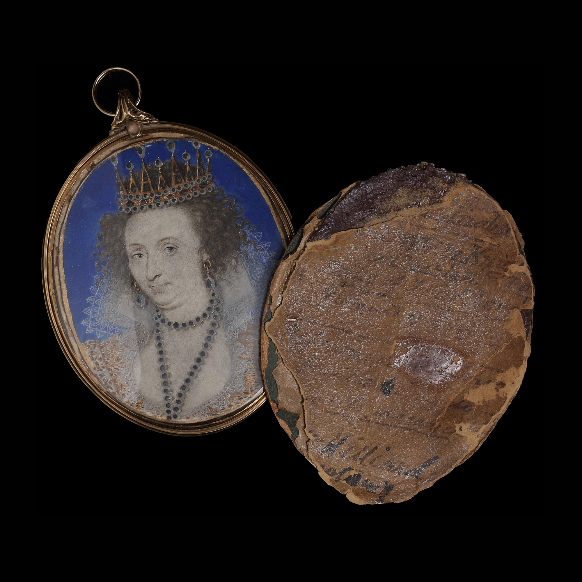 Portrait miniature of a Lady, possibly Elizabeth Grey (née Talbot), Countess of Kent (1582-1651), wearing a masque costume of a black and white dress embroidered with gold thread, ribato lace collar, large pearl earrings, pearl necklace and a crown set with pearls and diamonds