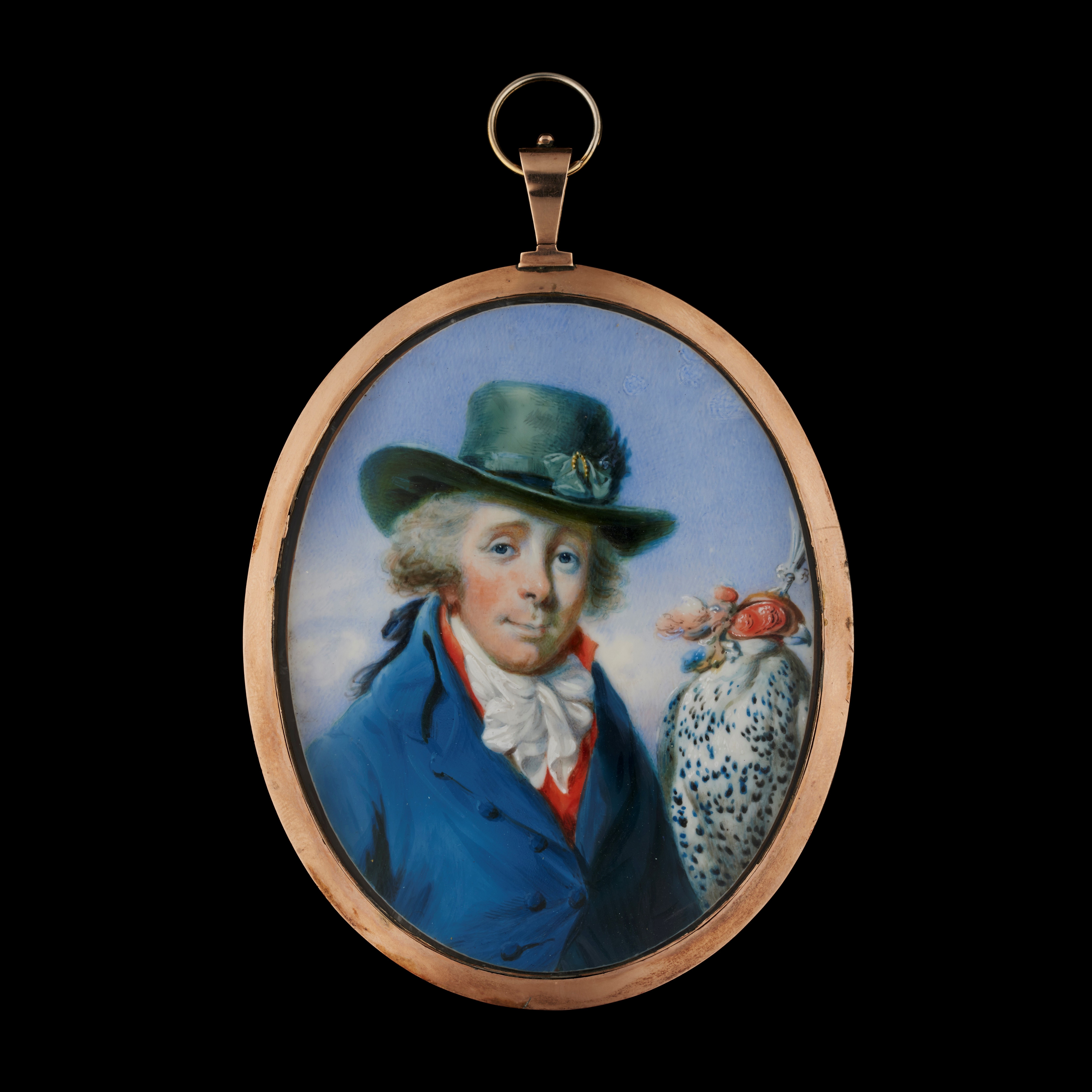 Colonel Thomas Thornton (1757-1823) with a peregrine falcon, wearing a beaver hat and grey coat, red vest and white bow cravat