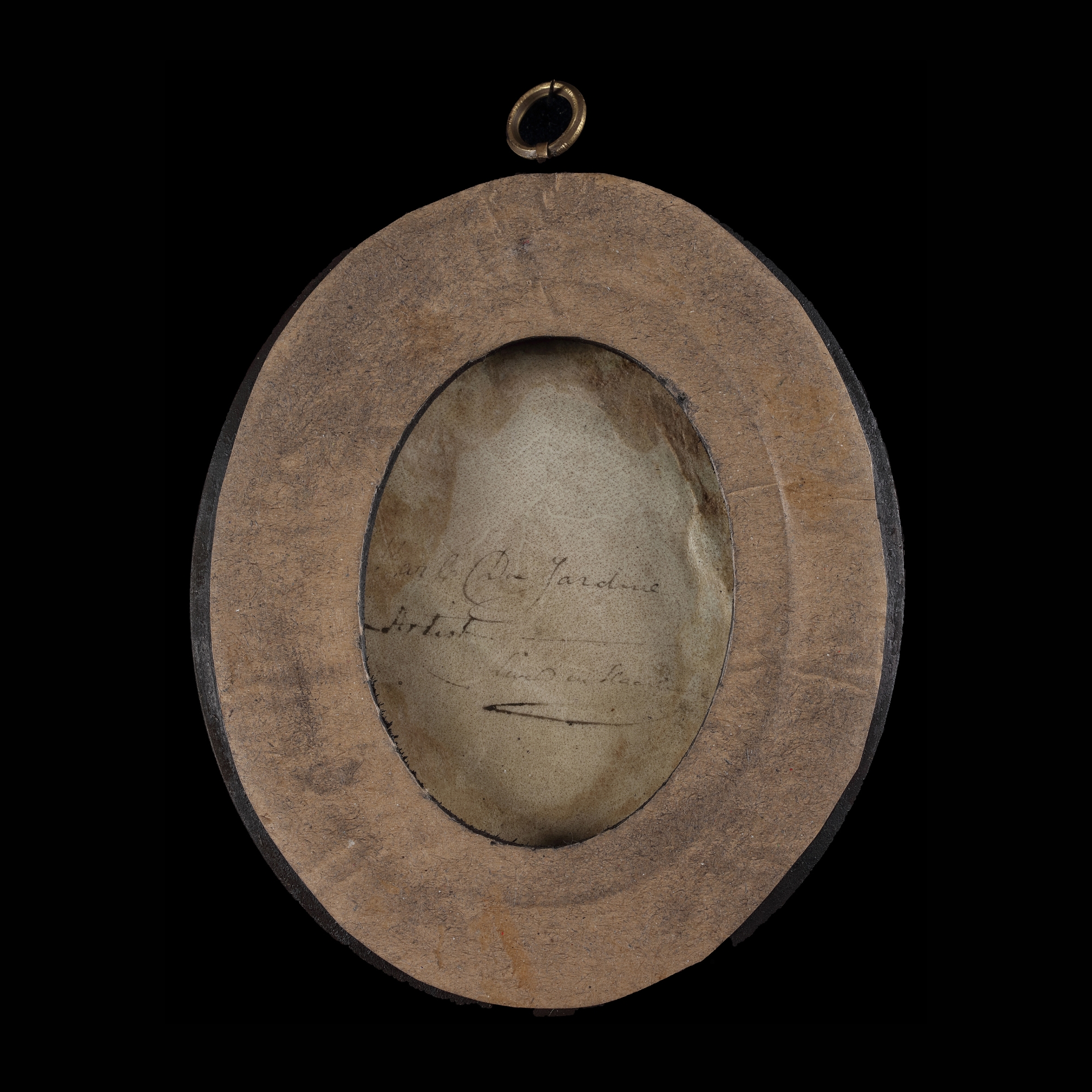 A portrait miniature of a Gentleman, wearing brown slashed doublet with tied neckscarf, a felt cap with green and white feathers on his curled hair