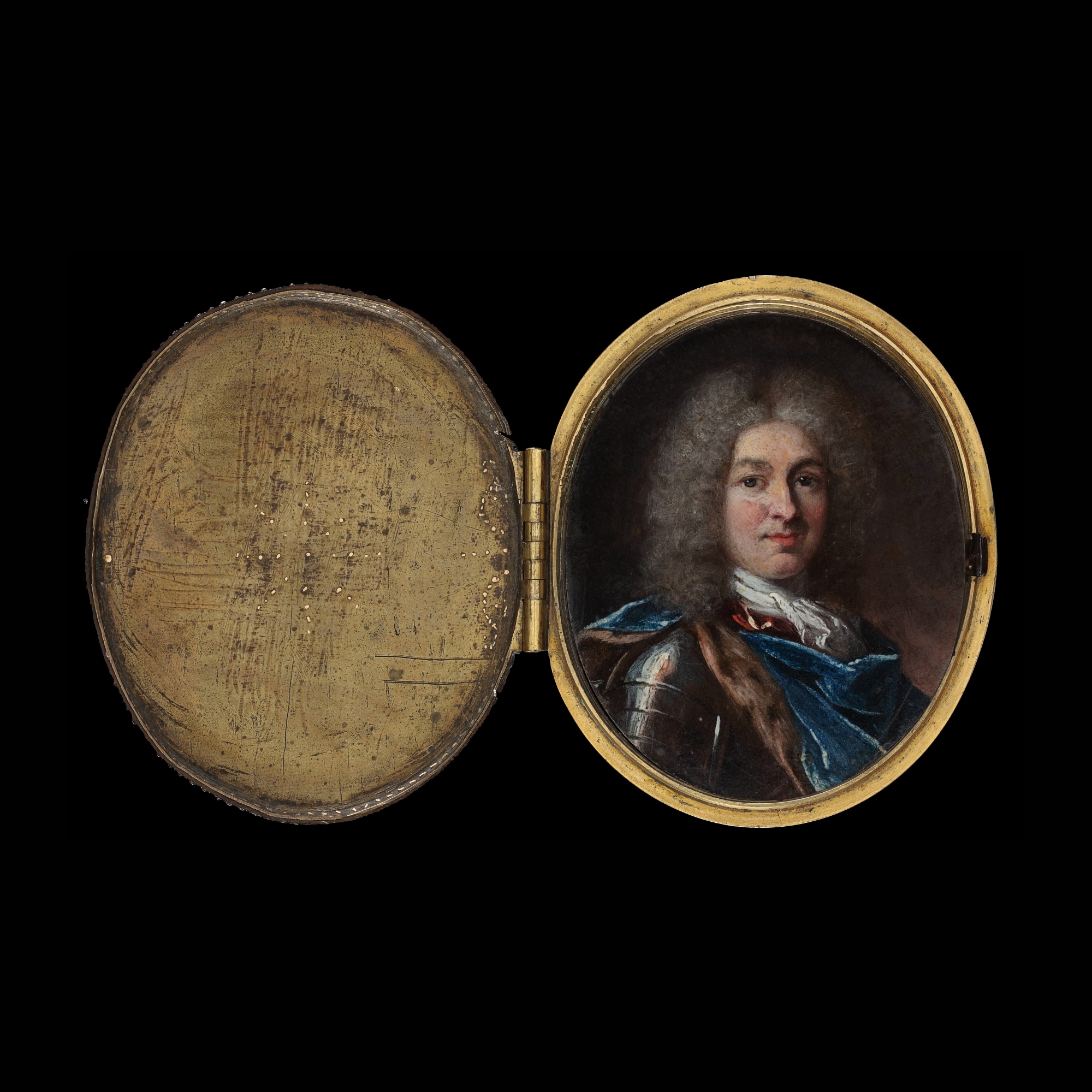 A portrait oil of a Nobleman, wearing armour, fur-trimmed blue cap, white jabot and powdered wig